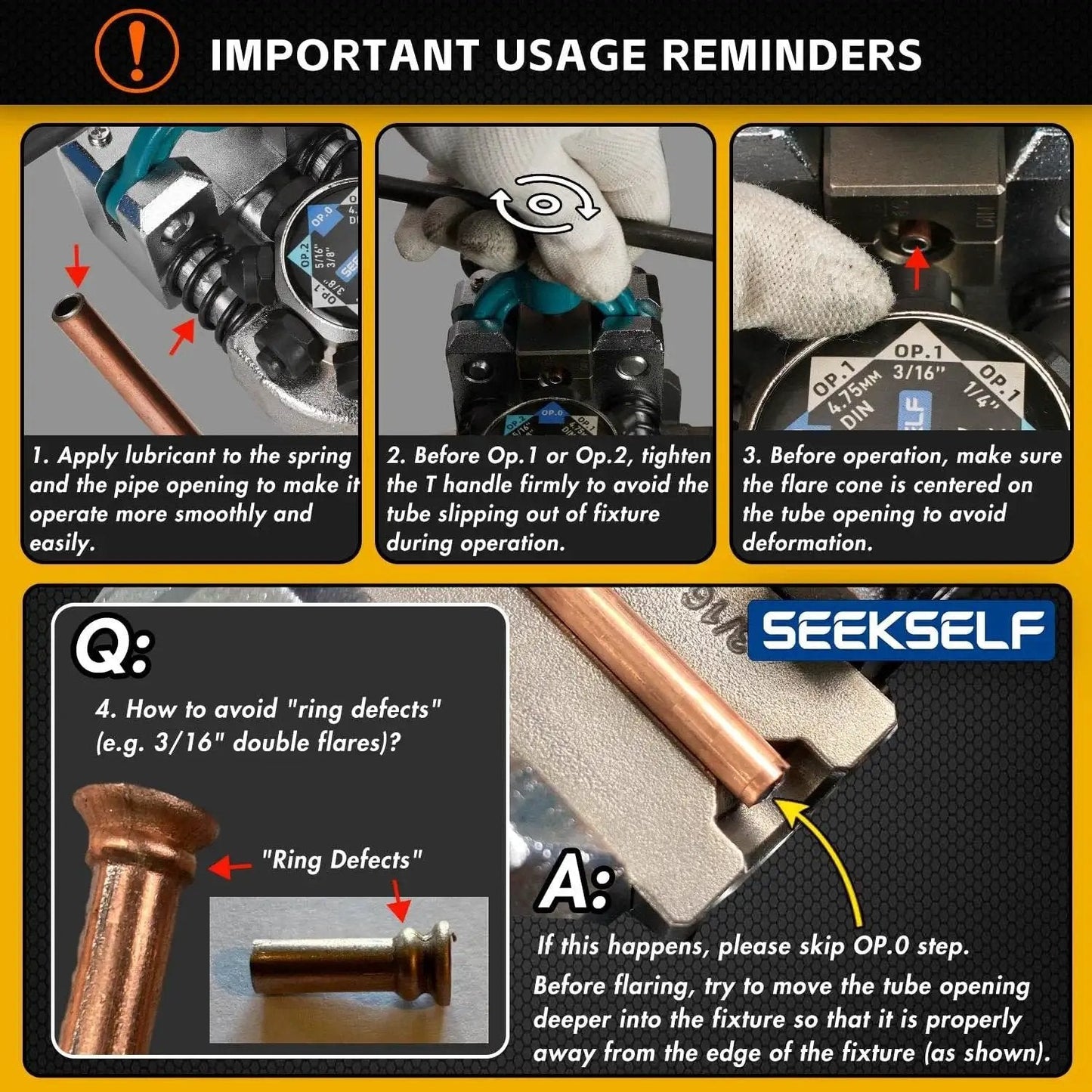 Instruction guide for SEEKSELF Brake Line Flaring Tool Kit For 45 Degree Flares 3/16 1/4 5/16 3/8 Tubing