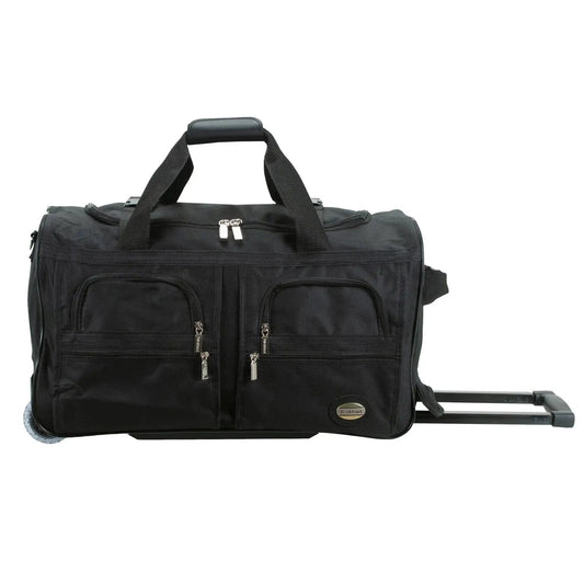 Rolling Duffel Bag With Extra Large Wheels And A Wide U Shaped Opening, Sleek Black 22 Inch Soft Sided Travel Luggage With Heavy Duty Zipper