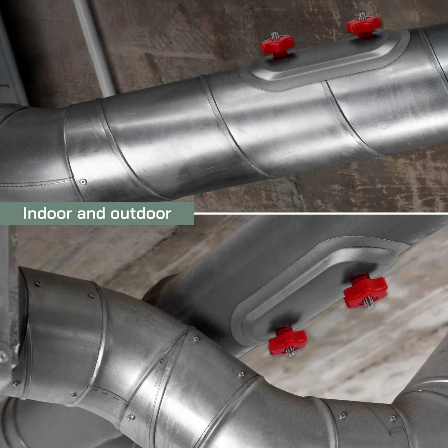4 Inch Round Duct Access Door With Rubber Gasket And Galvanized Steel Cover For Airtight Seal In Round Spiral Ducts 3.78 To 4.13 Inches No Fuss Maintenance Access EPDM Gasket Knob 7.08 By 3.15 Inch Panel installed on spiral duct with red knobs in industrial setting.