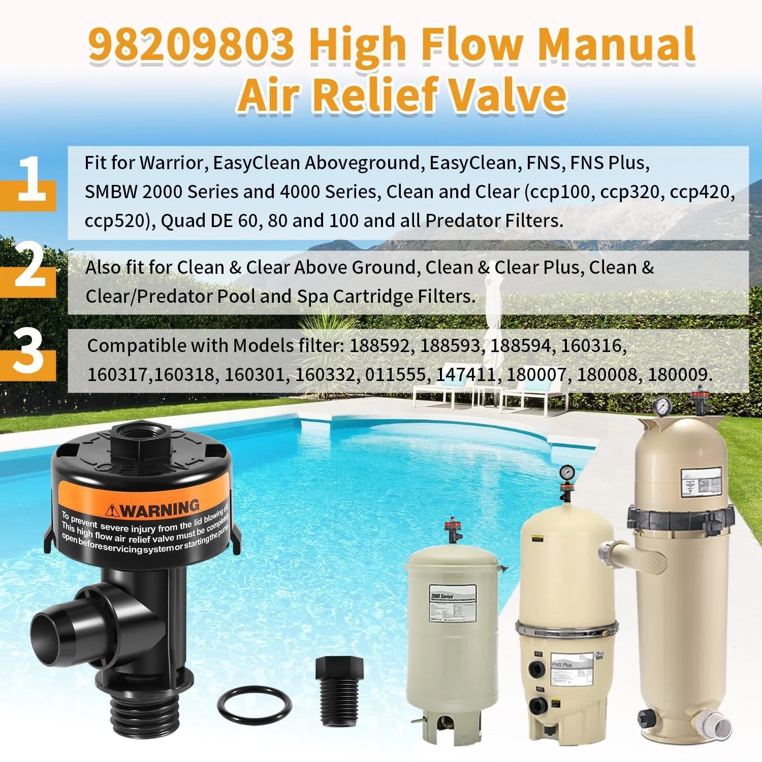 Image of a 98209803 High Flow Manual Air Relief Valve Replacement for pool and spa filter systems with various compatible filters.