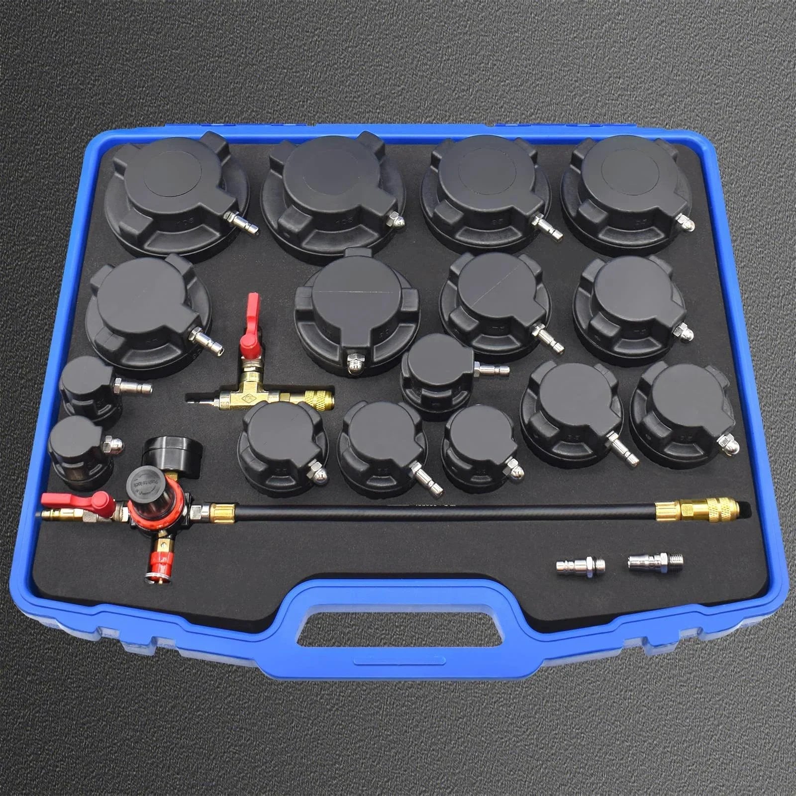 Turbo System Leakage Tester Kit with 19-piece set, 8 stepped adapters from 1 1/4 to 4 1/4 inch, air pressure gauge in a blue case