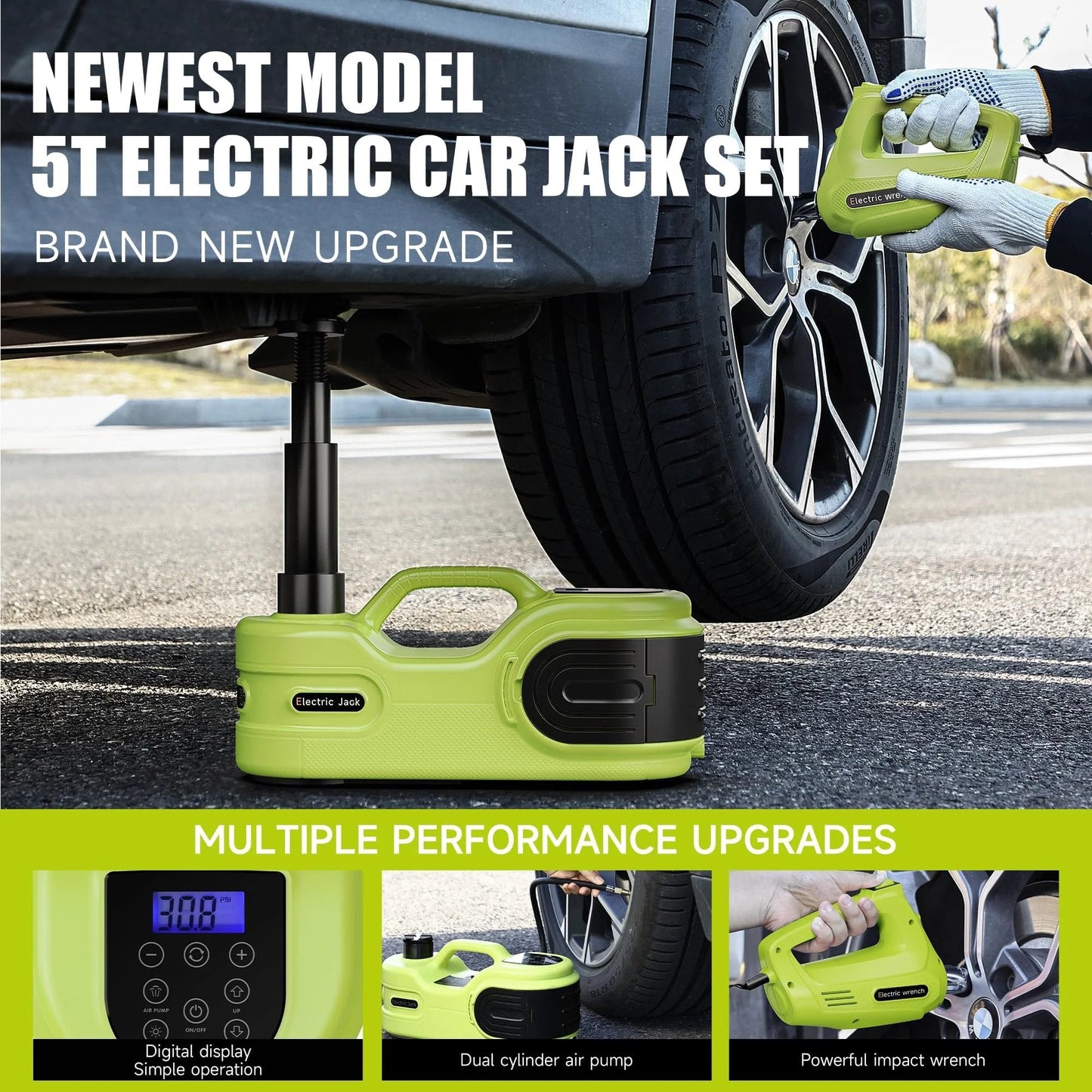 Electric Car Jack Kit 5T 12V Hydraulic Tire Jack With Dual Cylinder Air Pump LCD Touch Screen And Impact Wrench in use lifting a car