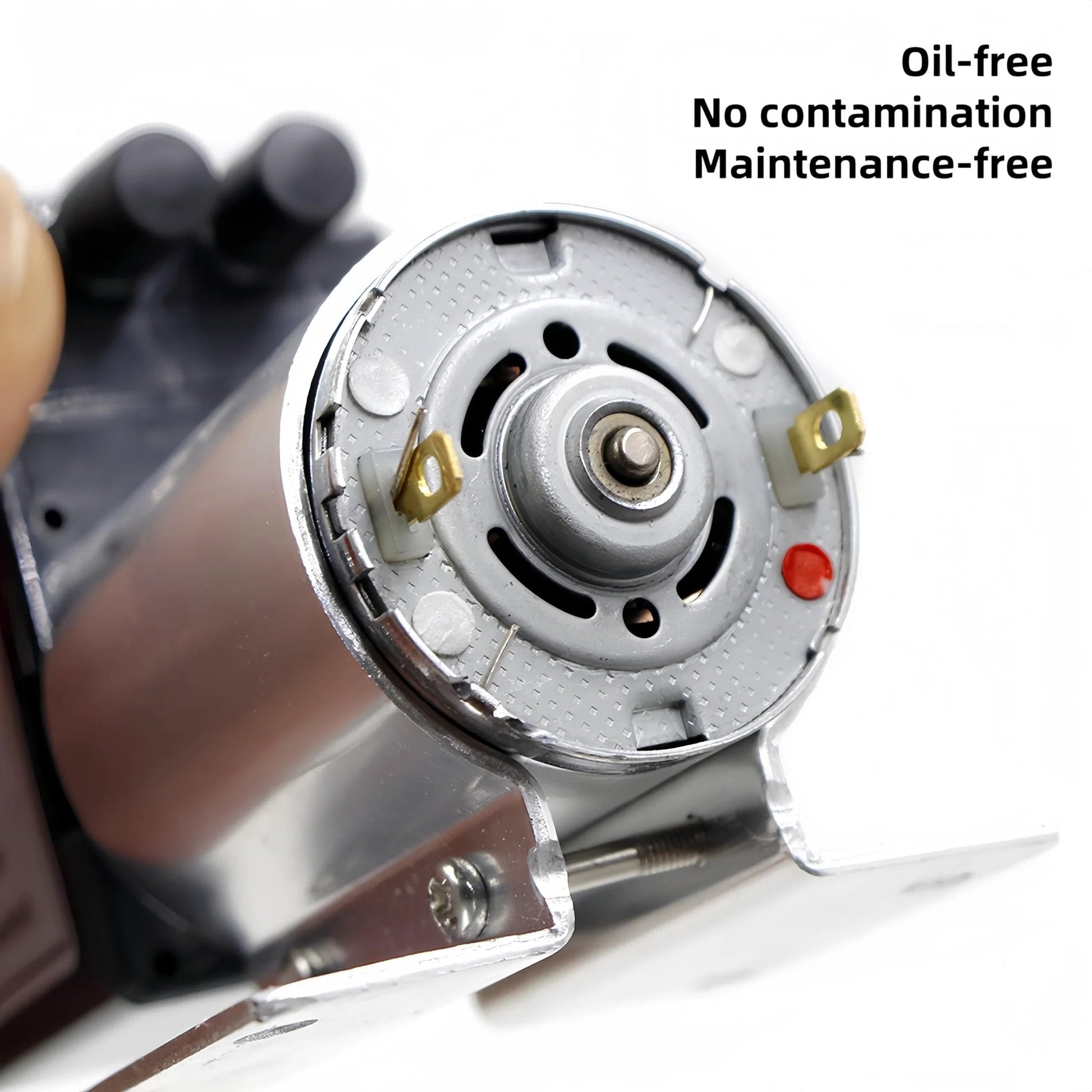 Close-up of DC 12V Oil Free Mini Vacuum Pump With Holder, showing oil-free motor design with maintenance-free features.