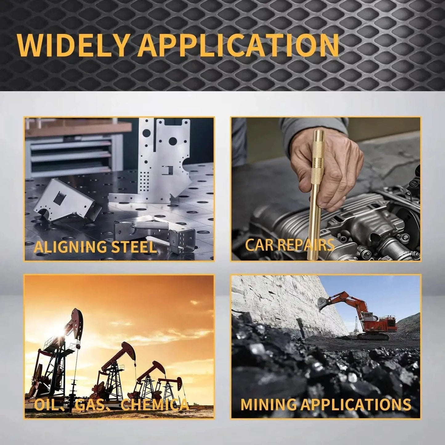 Image showing uses for Five Piece Brass Punch Set For Non Marring Removal And Repair with applications in steel aligning, car repairs, oil, and mining.
