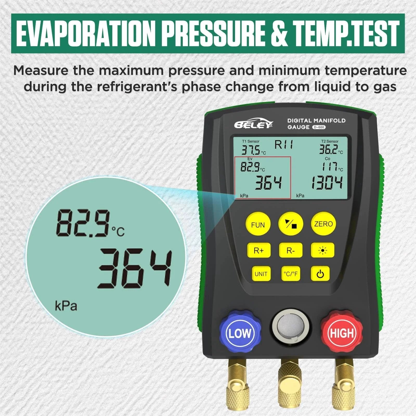 Digital Pro Grade HVAC Manifold Gauge Kit For Refrigerants With Dual Pressure And Temperature Tests, front view