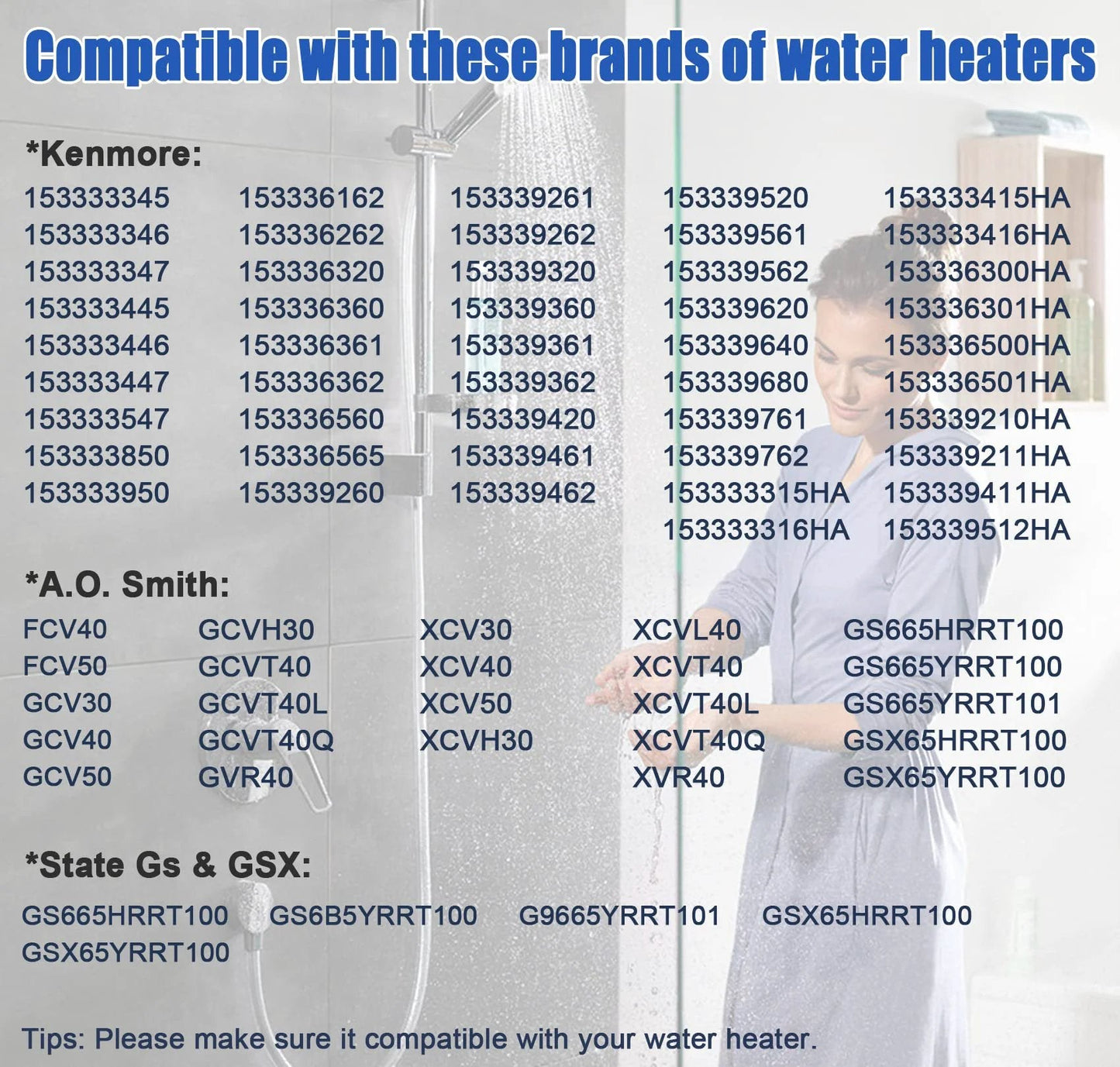 Compatibility chart for natural gas water heaters from Kenmore, A.O. Smith, State GS, and GSX brands with part numbers listed.