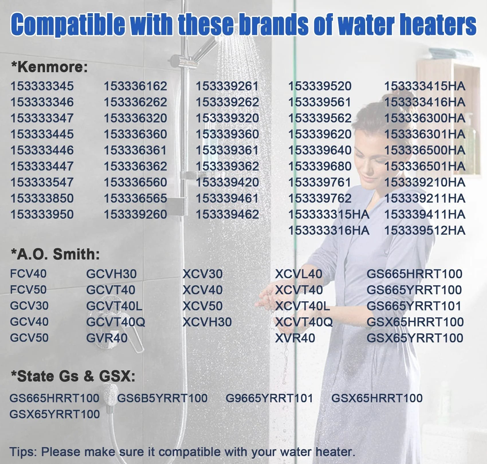 Compatibility chart for natural gas water heaters from Kenmore, A.O. Smith, State GS, and GSX brands with part numbers listed.