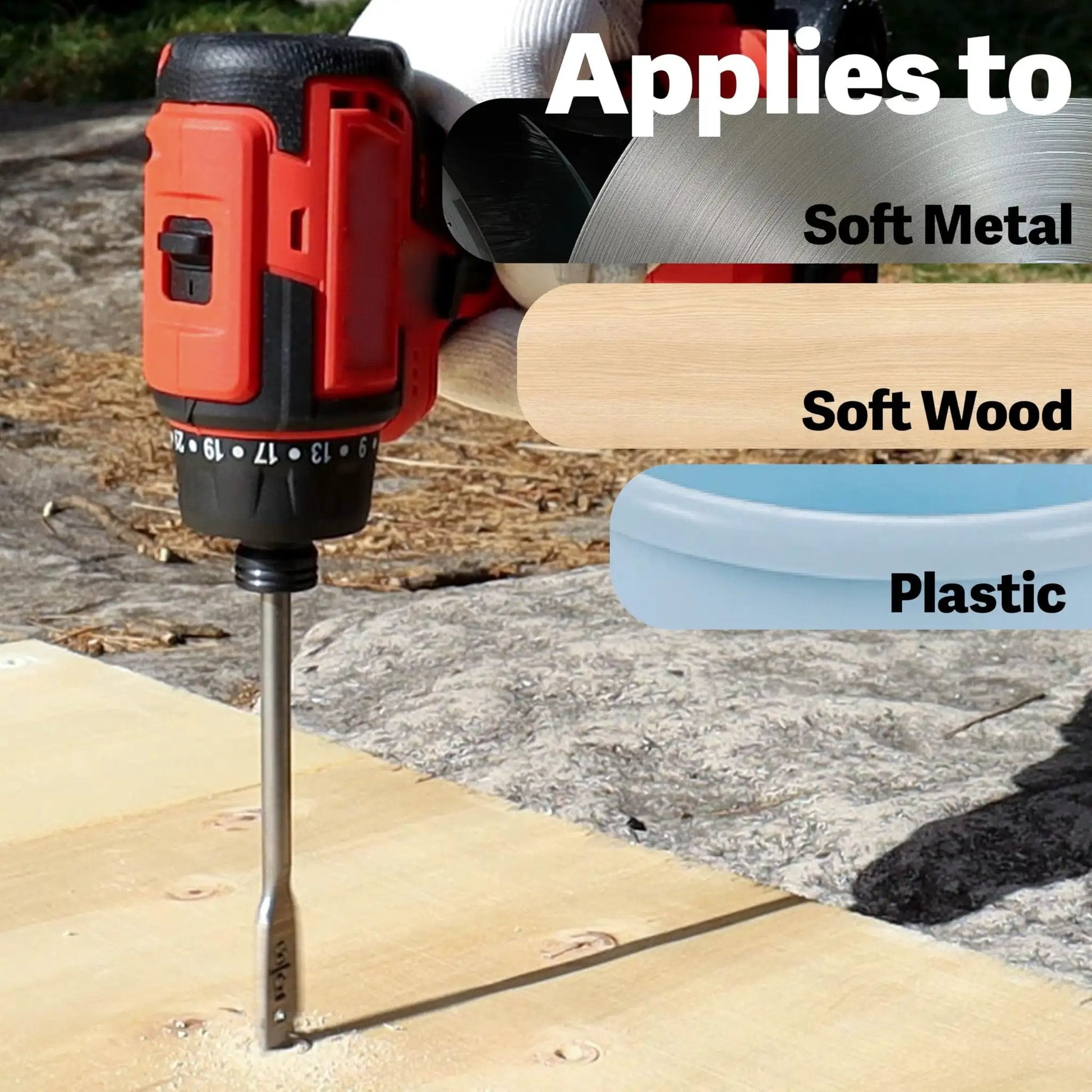 Cordless drill using 13 Piece Spade Drill Bit Set One Quarter To One And One Half Inch With Quick Change Hex Shank For Woodworking