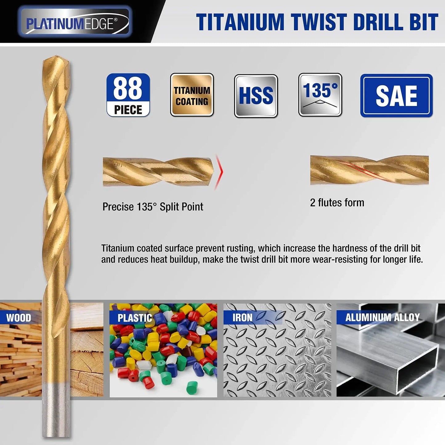 Close-up of titanium twist drill bit from All In One 140 Piece Drill Bit Set With 88 Titanium Twist Bits 26 Masonry Bits And 26 Brad Point Bits