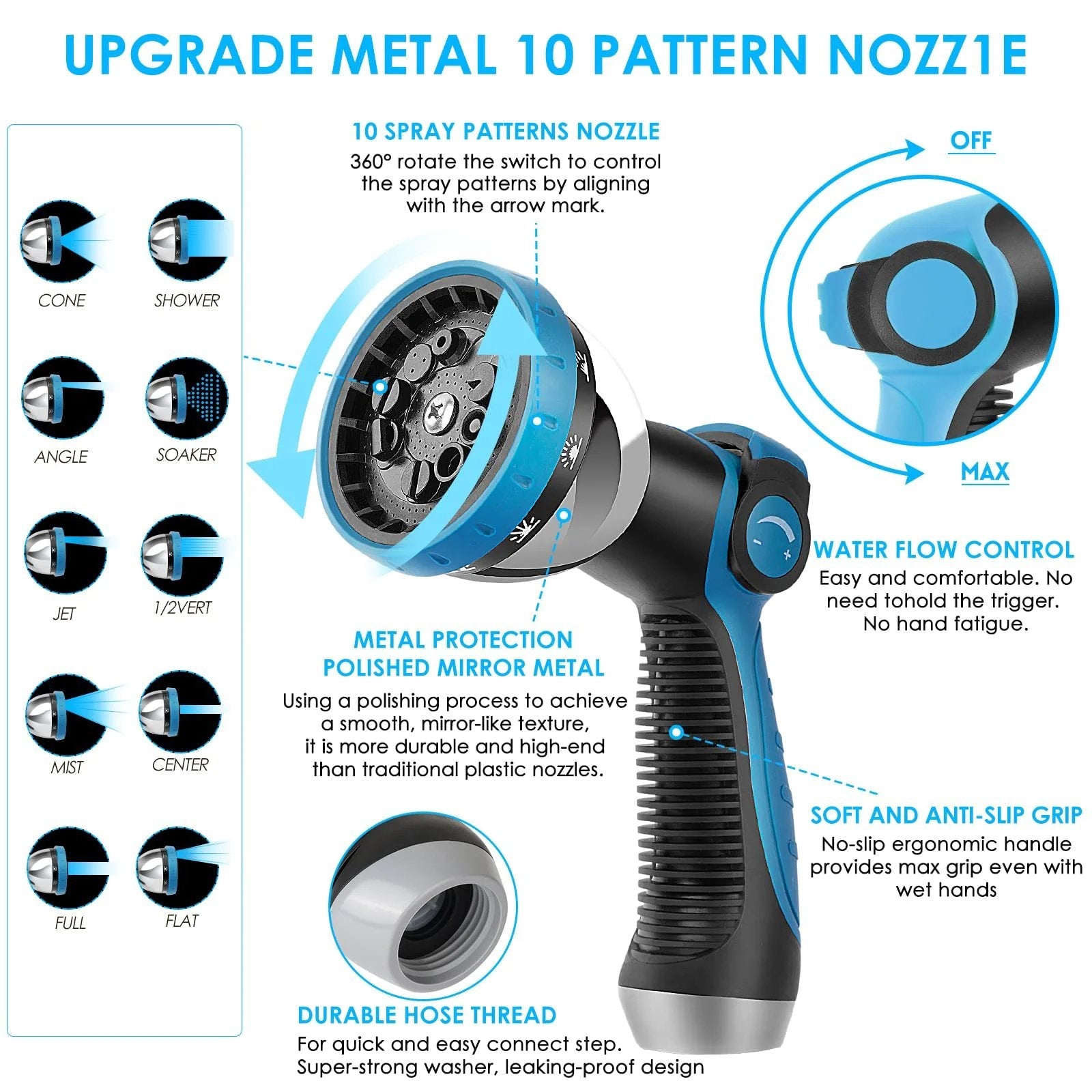 Close-up of 10 pattern spray nozzle for Non Expanding Garden Hose 100 Ft With Kink Resistant Flex, Leak Proof, KETTOYA