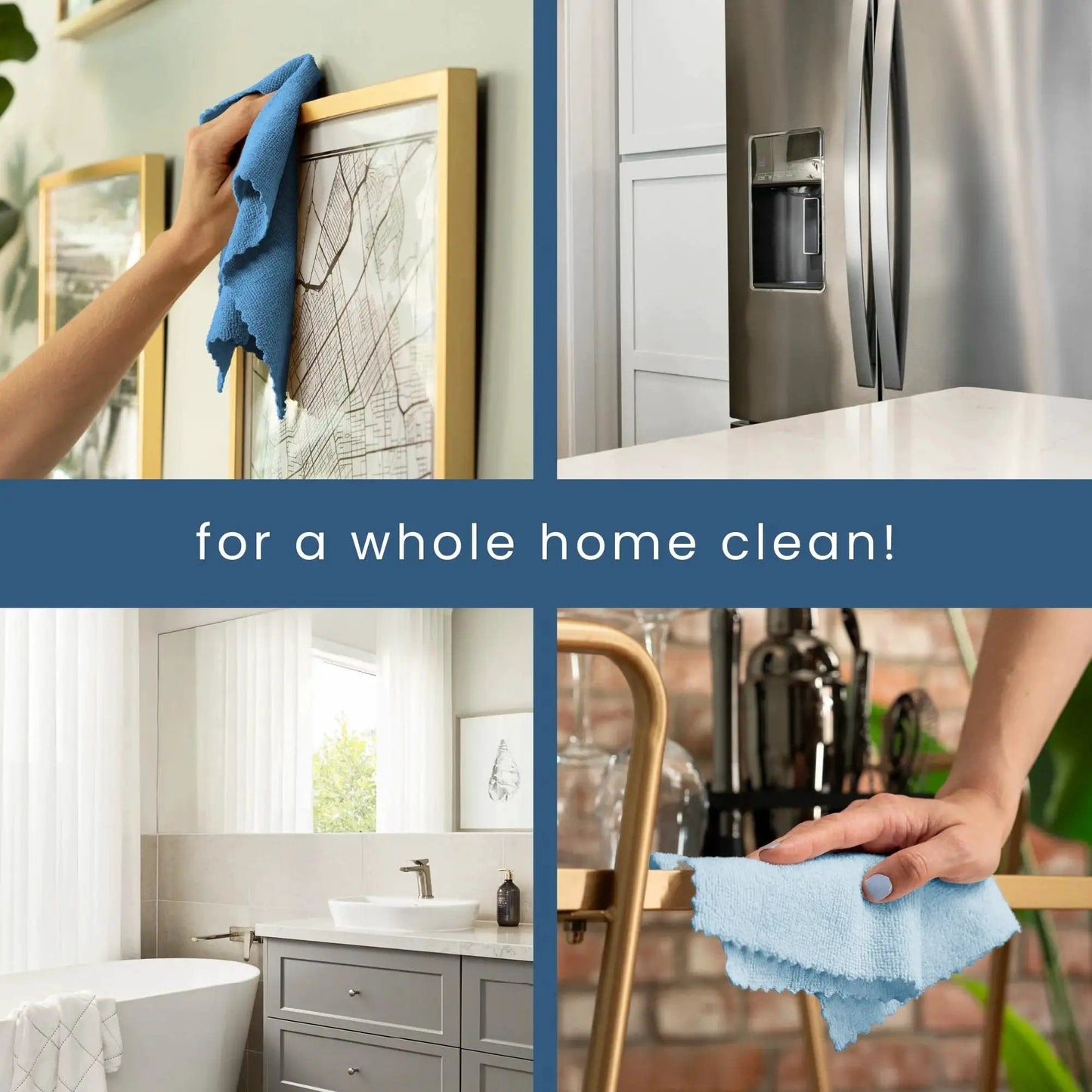 50 Pack Microfiber Towels 11.8x11.8 In Lint-Free Reusable For Home And Car cleaning various surfaces including mirrors and appliances.