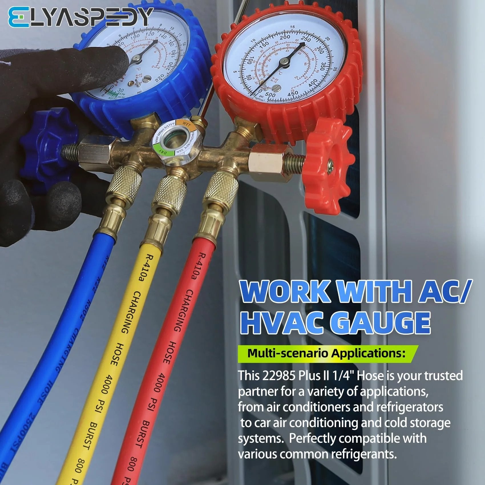 Pro Grade 72 Inch Low Loss Vacuum Certified Manifold Hose Set For R410A And All Common Refrigerants 800 PSI Working Pressure Quarter Inch Flare To Quarter Inch Flare Pack Of 3 Heavy Duty HVAC Kit connected to HVAC system