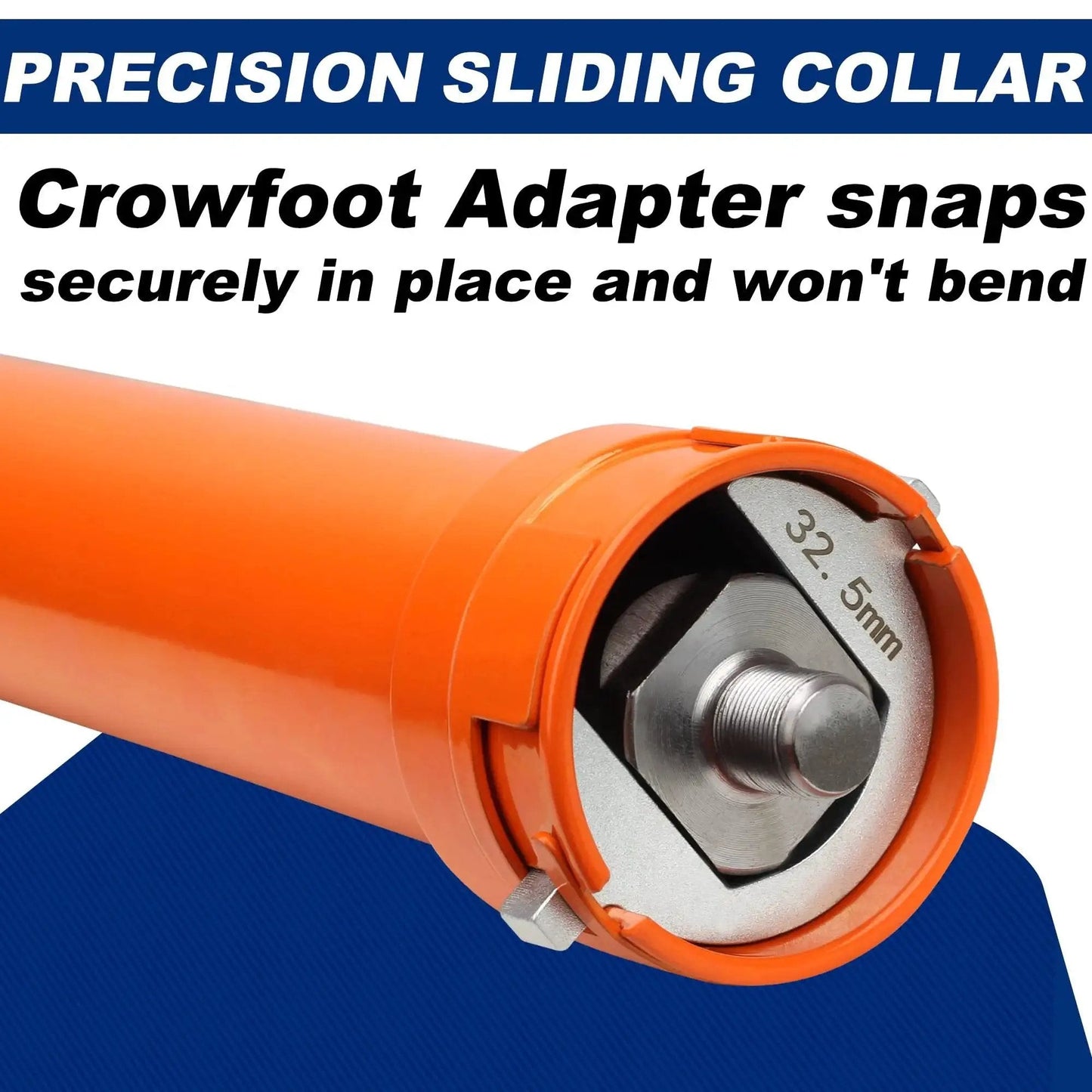 Inner Tie Rod Removal Tool Set With 12 Crowfoot Adapters And Half Inch Drive, close-up of orange collar and crowfoot adapter