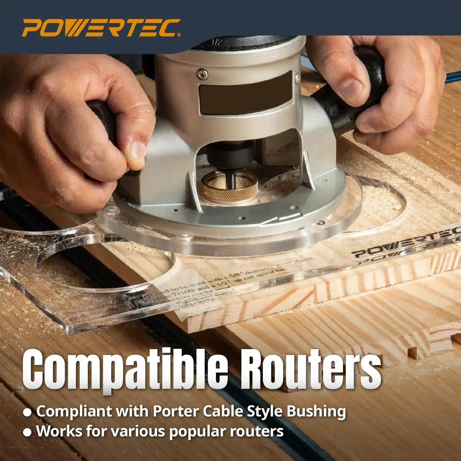 Brass Inlay Router Kit With Bushing Guide And Alignment Pin for precise woodworking shown in use on a wooden piece by POWERTEC.