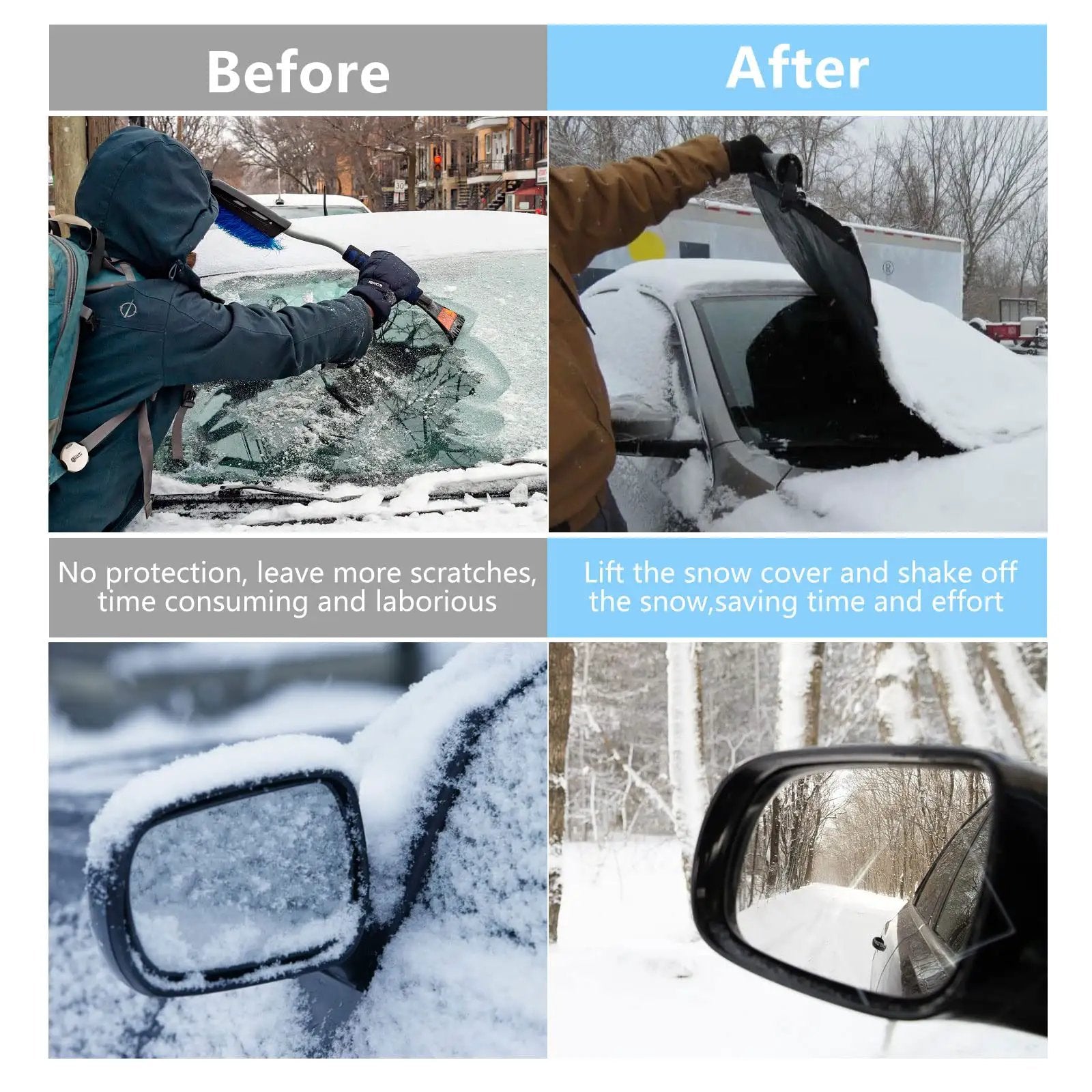 Before and after using the All Weather 75x47 Inch Windshield Cover for Ice Snow Rain on vehicles in winter conditions.