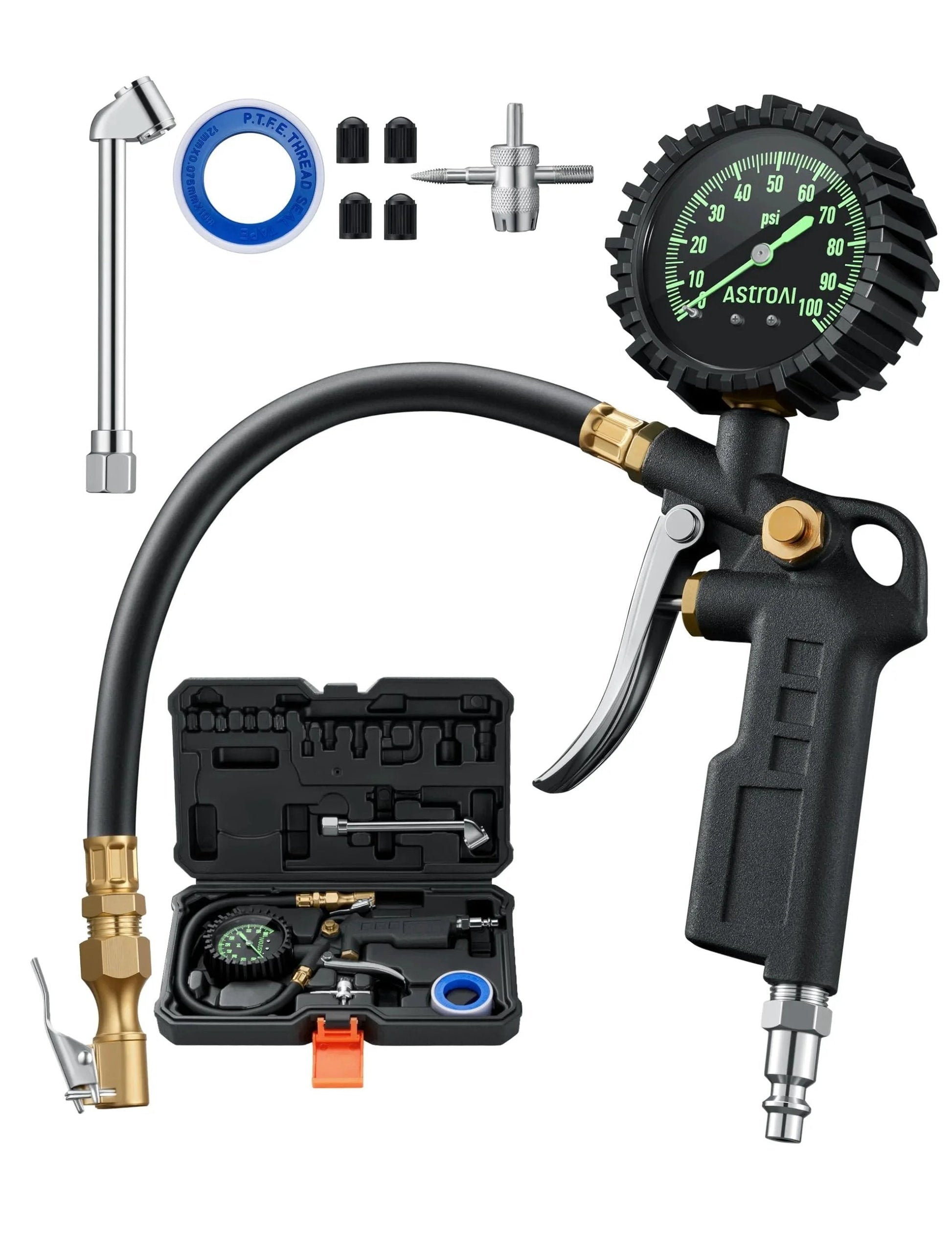 Tire Pressure Gauge With Inflator For Car And Truck, 0-100 PSI Accurate Within 1 PSI, ANSI B40.1 Certified, shown with accessories and case