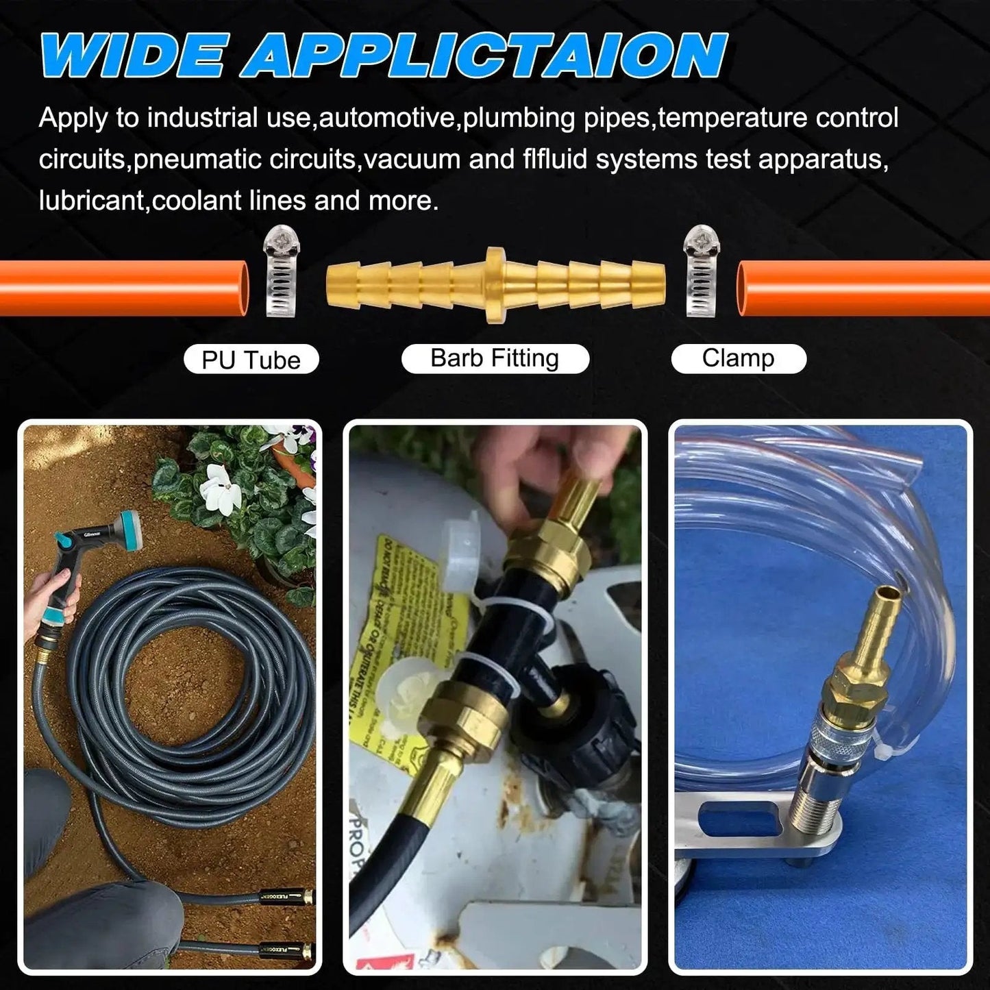 Brass Hose Barb Fittings Kit For Air Water And Fuel Lines KOOTANS showing installation examples with PU tube, barb fitting, and clamp.
