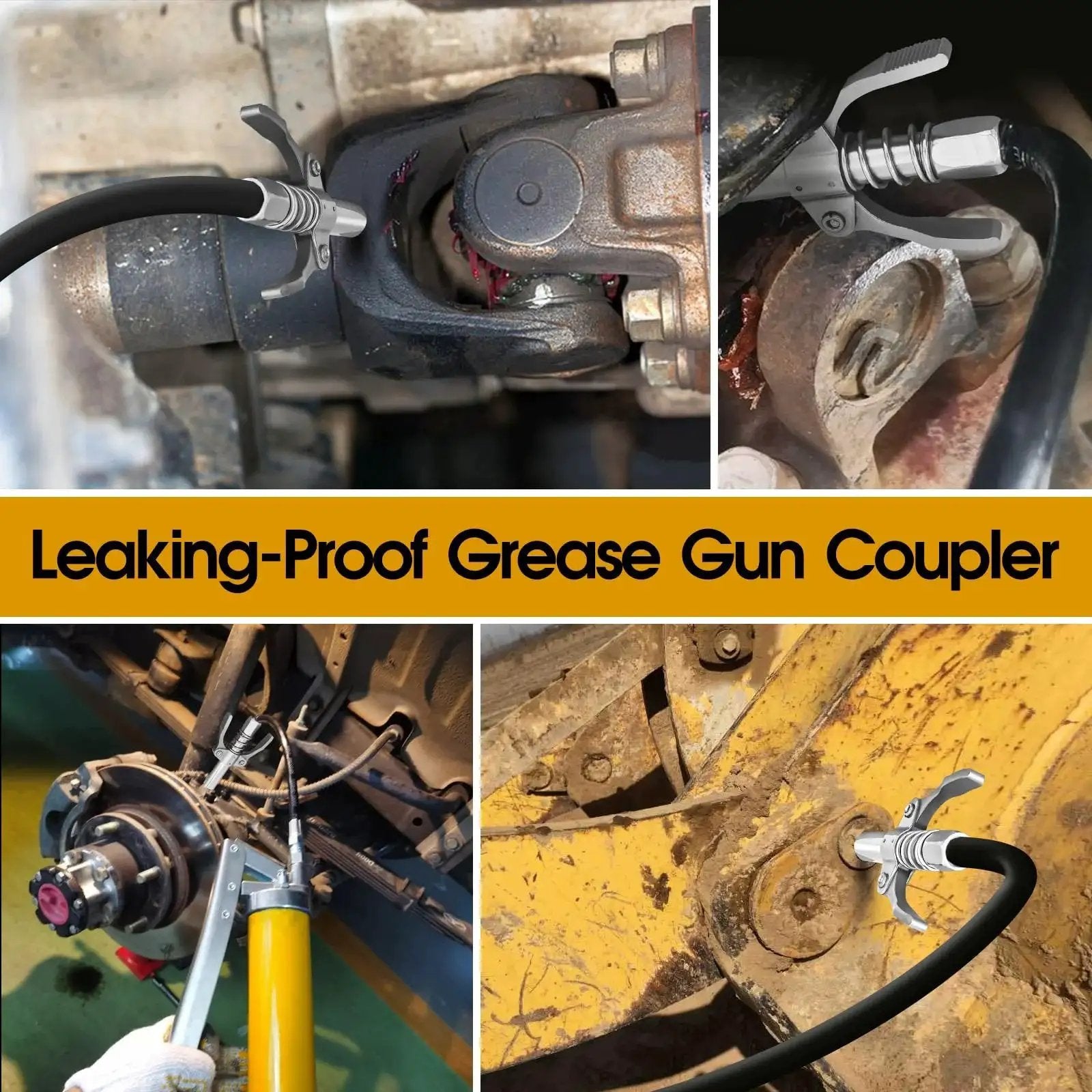 Lock N Lube Grease Gun Coupler And Double Handle Nozzle Set, Leak-Proof 12000 PSI Grease Gun Tips And Accessories, Hands-Free Zerk Locking Design For All One Eighth Inch NPT Grease Guns, Includes 2 Pack, installed on machinery components.
