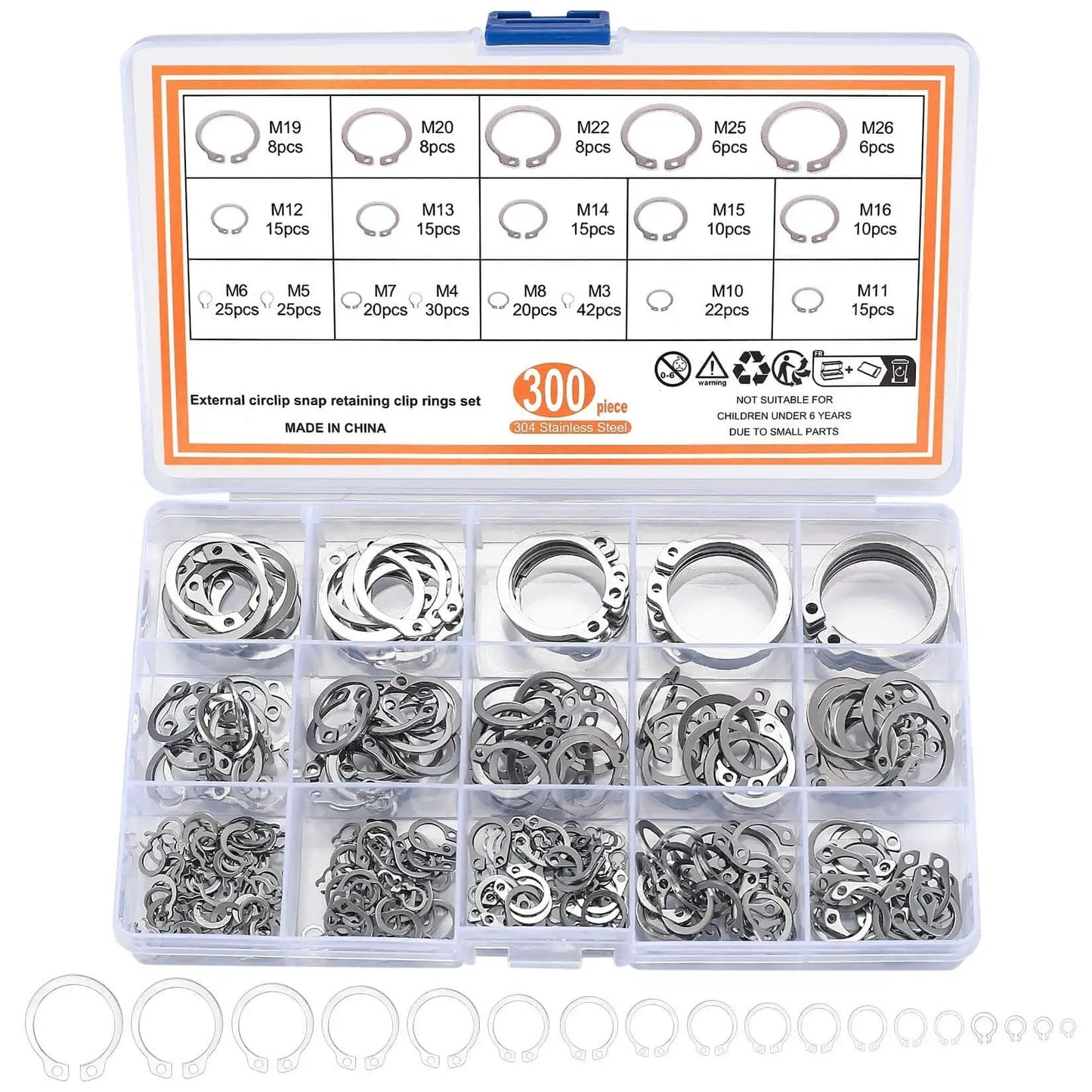 300 Piece Retaining Ring Set With Internal And External Snap Rings In Stainless Steel Circlip Retention Rings 18 Size Assortment For Grooved Shafts Pins And Studs Durable Rust Resistant And Easy To Use in box