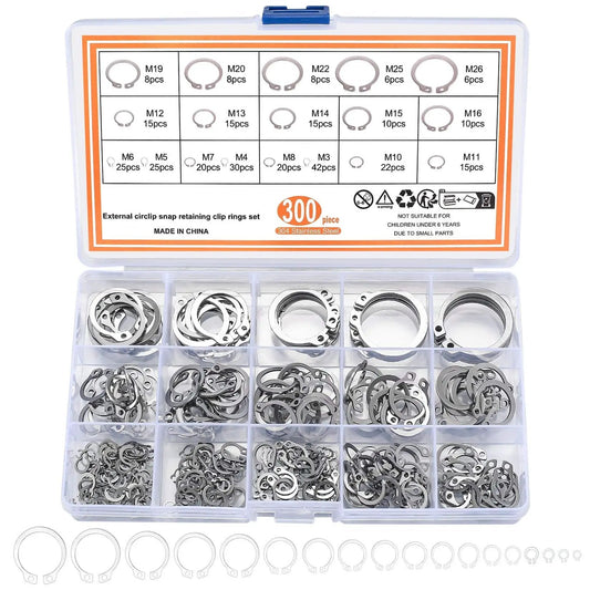 300 Piece Retaining Ring Set With Internal And External Snap Rings In Stainless Steel Circlip Retention Rings 18 Size Assortment For Grooved Shafts Pins And Studs Durable Rust Resistant And Easy To Use in box