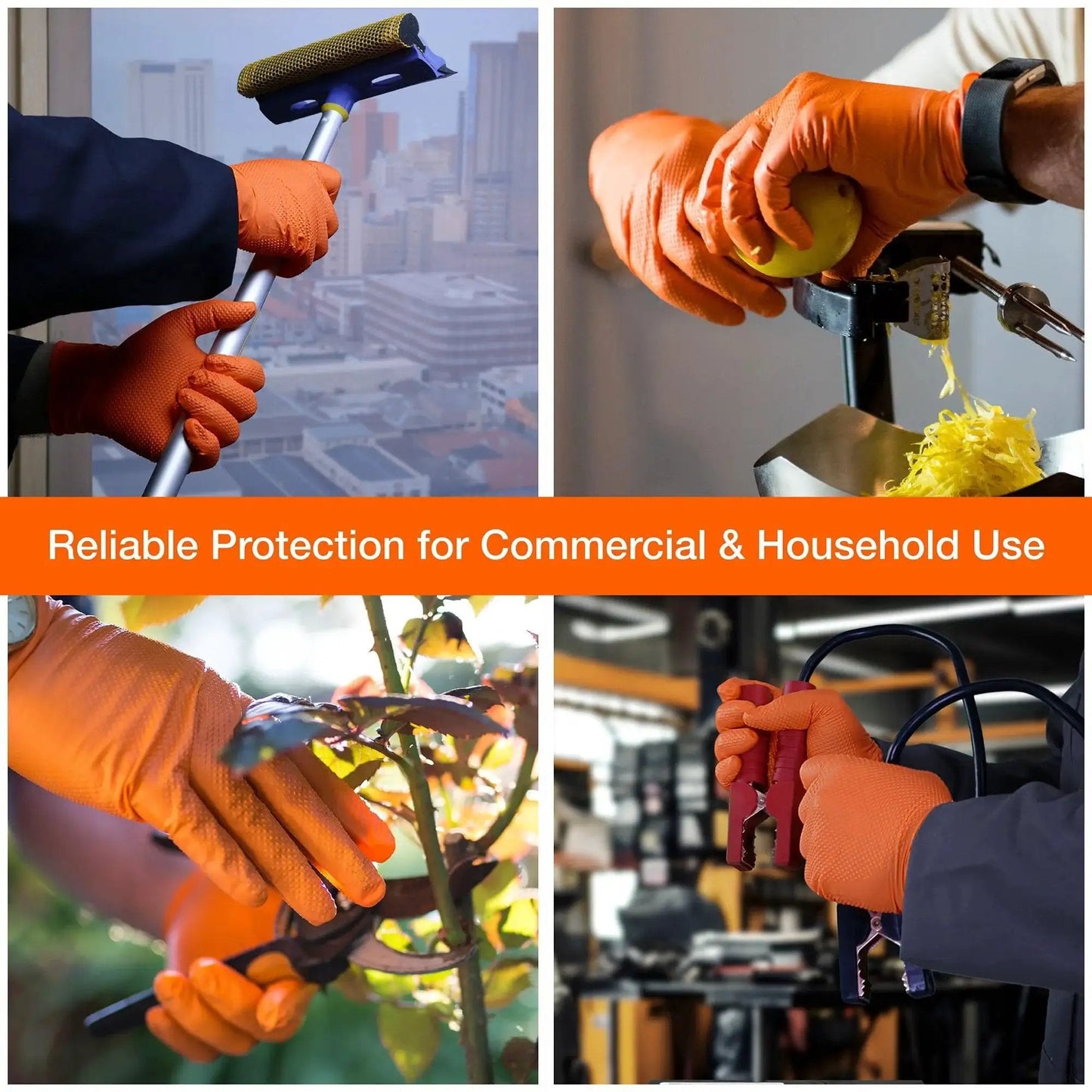 People using Orange Nitrile Disposable Gloves 6 Mil Raised Diamond Grip Latex Free Mechanics for various tasks like cleaning and gardening