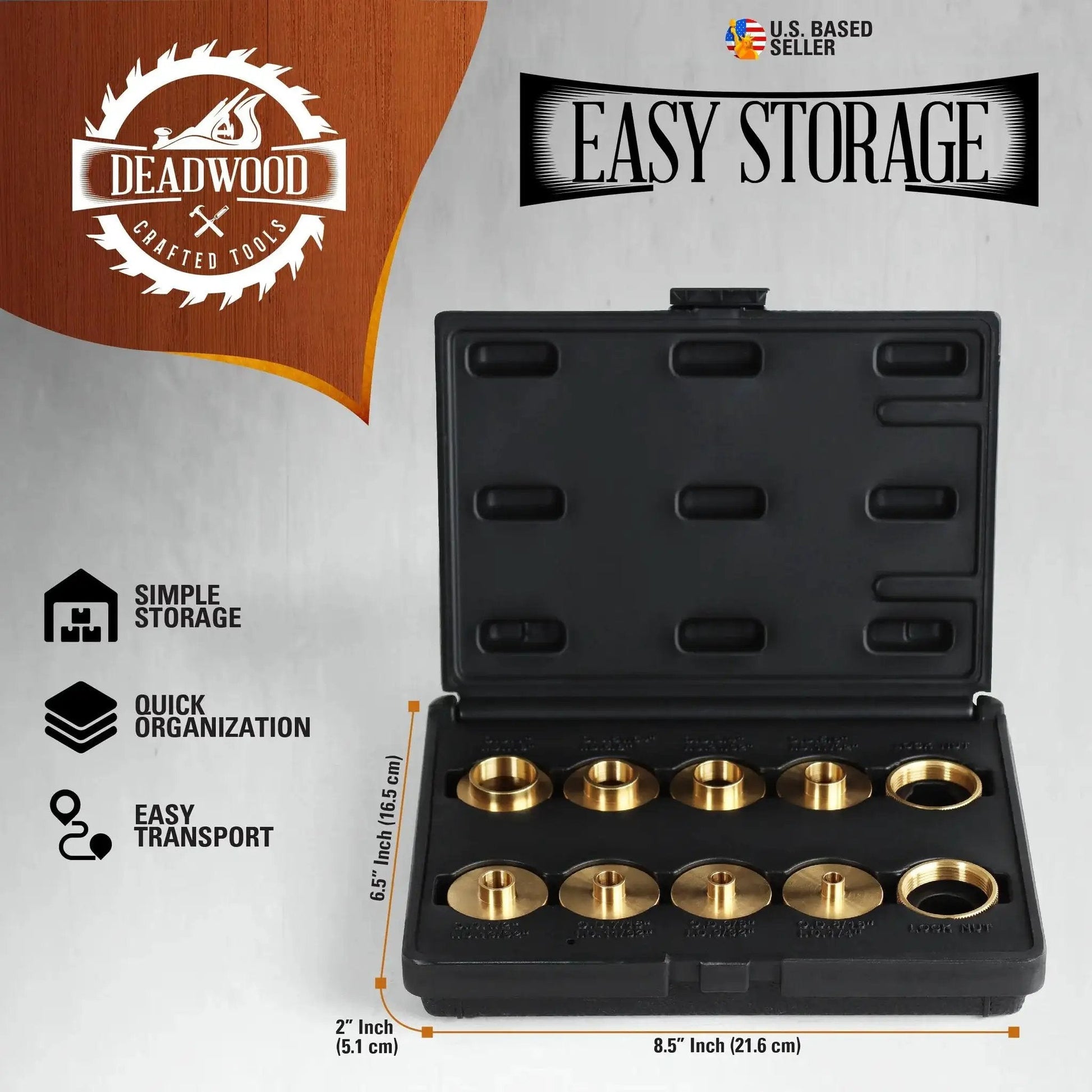 Brass Router Template Guides Bushing Set for Porter-Cable Style in carrying case with 8 bushings and lock nuts.