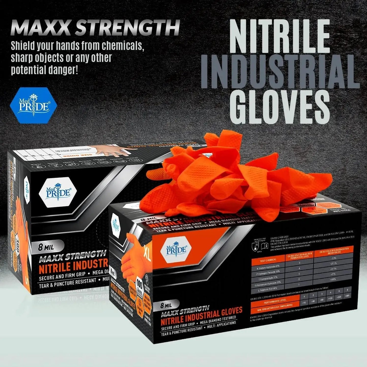 Boxes of Industrial Nitrile Gloves 8 Mil Heavy Duty Diamond Texture Orange Size Large with gloves displayed on top