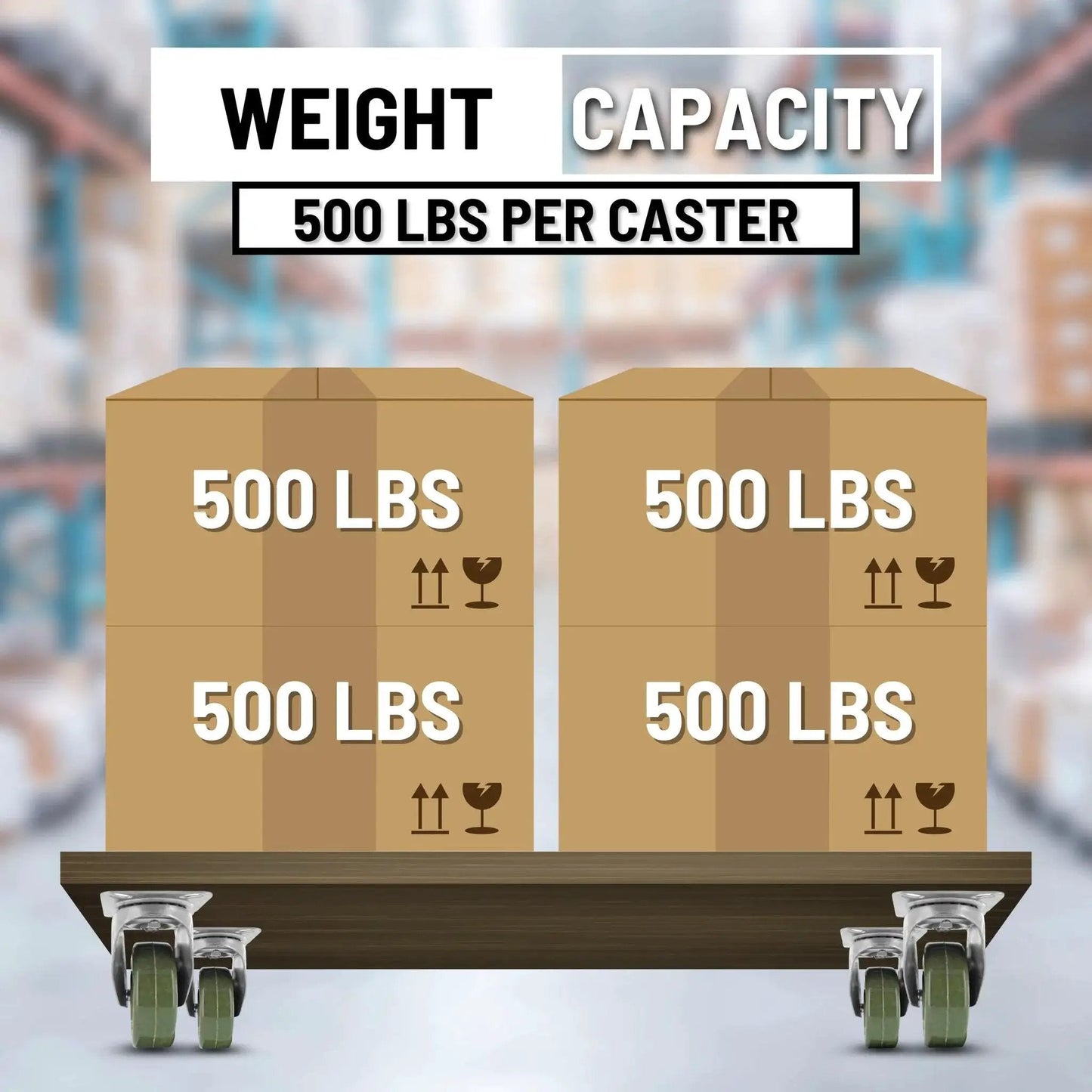 High Temperature Plate Mount Caster With Four Inch Epoxy Resin Wheel And Zinc Plated Steel Yoke Five Sixteenth Inch Precision Bearing Heavy Duty Caster supporting multiple boxes on a dolly, showing weight capacity of 500 lbs per caster.