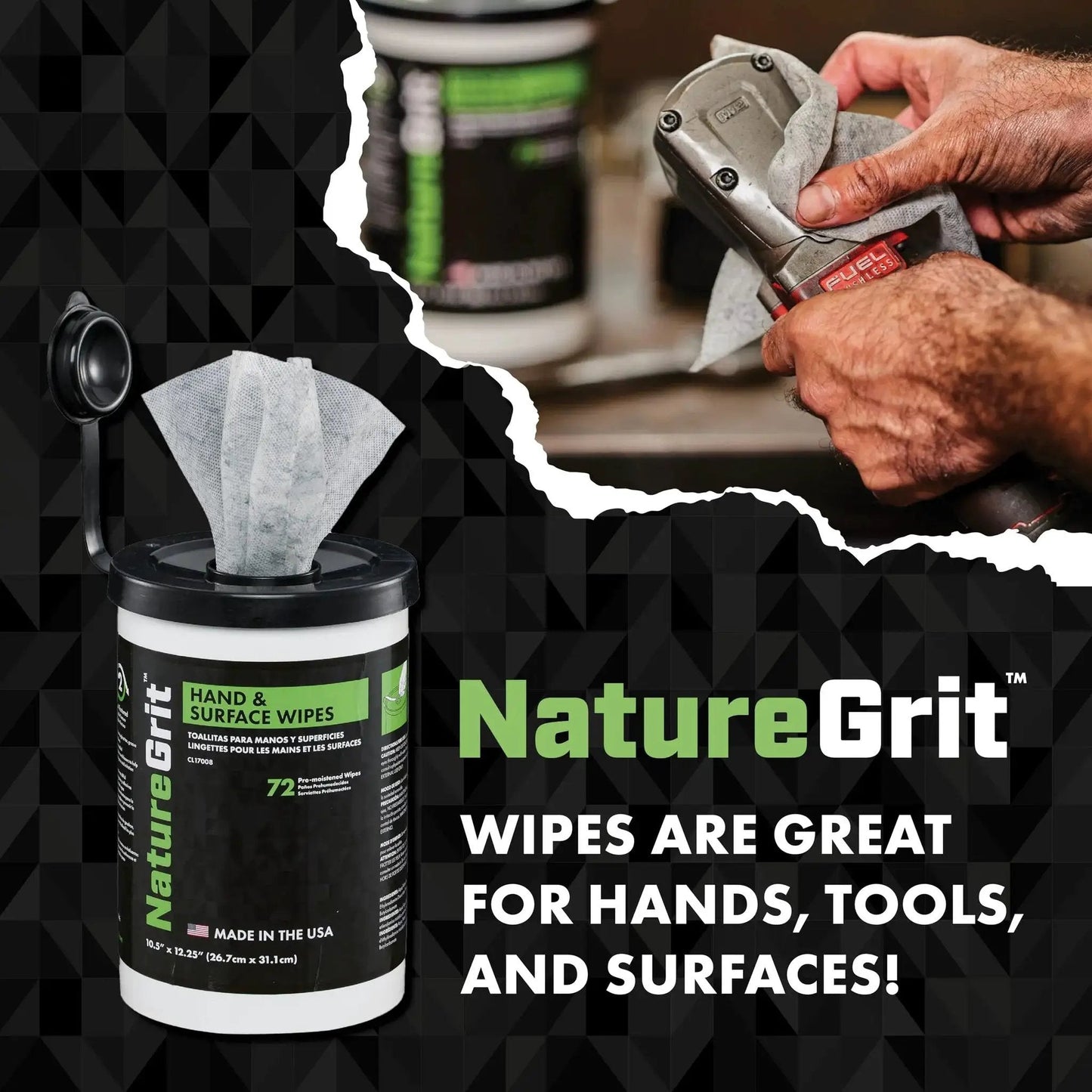 Mechanic Hand And Surface Wipes With Degreaser For Grime Removal Six Canisters shown cleaning tool