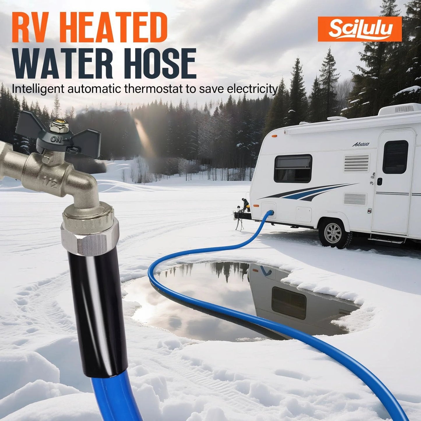 Heavy Duty Heated Water Hose For RVs And Home Use, Scilulu 30ft With Smart Temperature Control displayed in snowy setting connected to RV.