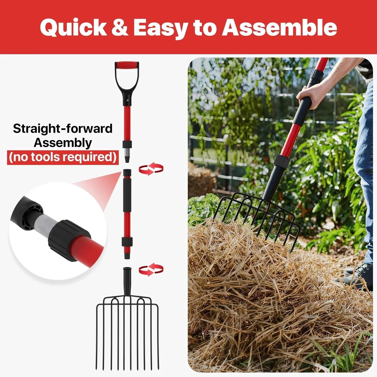 Wide 10 Tine Garden Pitch Fork with Carbon Steel Tines and Fiberglass Handle 44 Inch Red Heavy Duty Pitch Fork for Mulching Compost Manure Chicken Coops Gardens and Farm Cleanup shown being used in garden.
