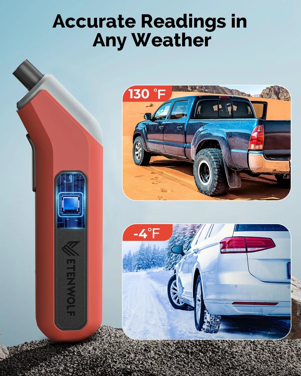 Digital Tire Gauge With Bright LED Display 200 PSI By ETENWOLF T300 Plus Vivid Orange, showing temperature adaptability for all-weather use.