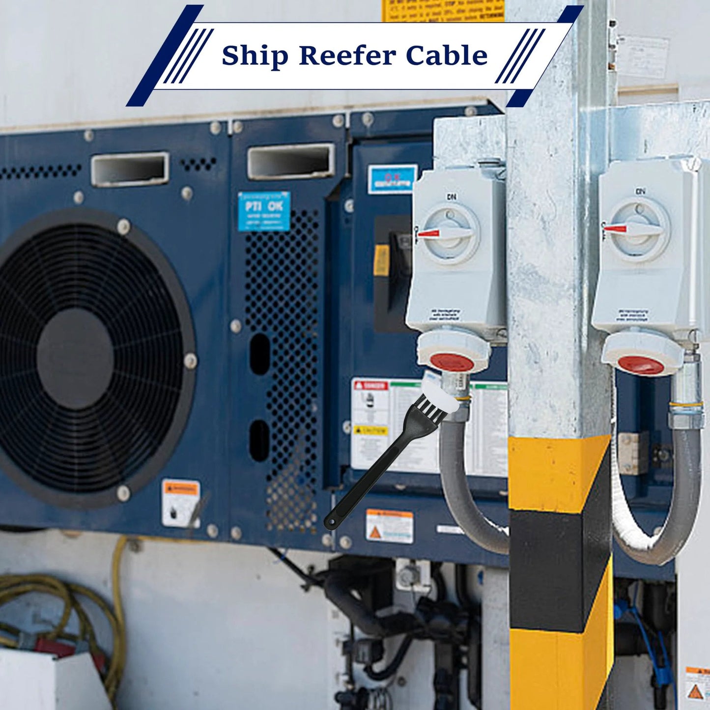 Ship reefer cable electrical setup with switches and wiring on marine vessel; black fan system and connectors visible.