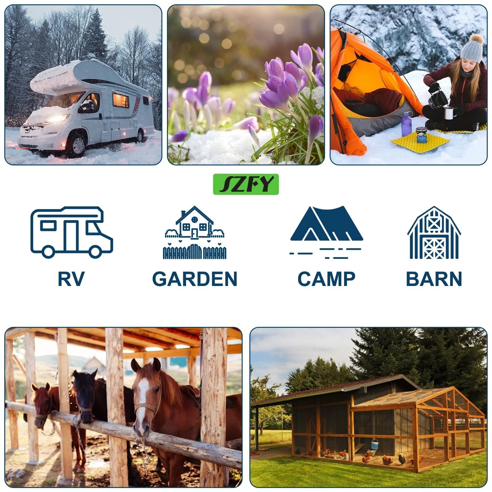 Images of RV, garden, camp, and barn environments where Heavy Duty 50 Foot Heated Water Hose for RVs and Campers is ideal.