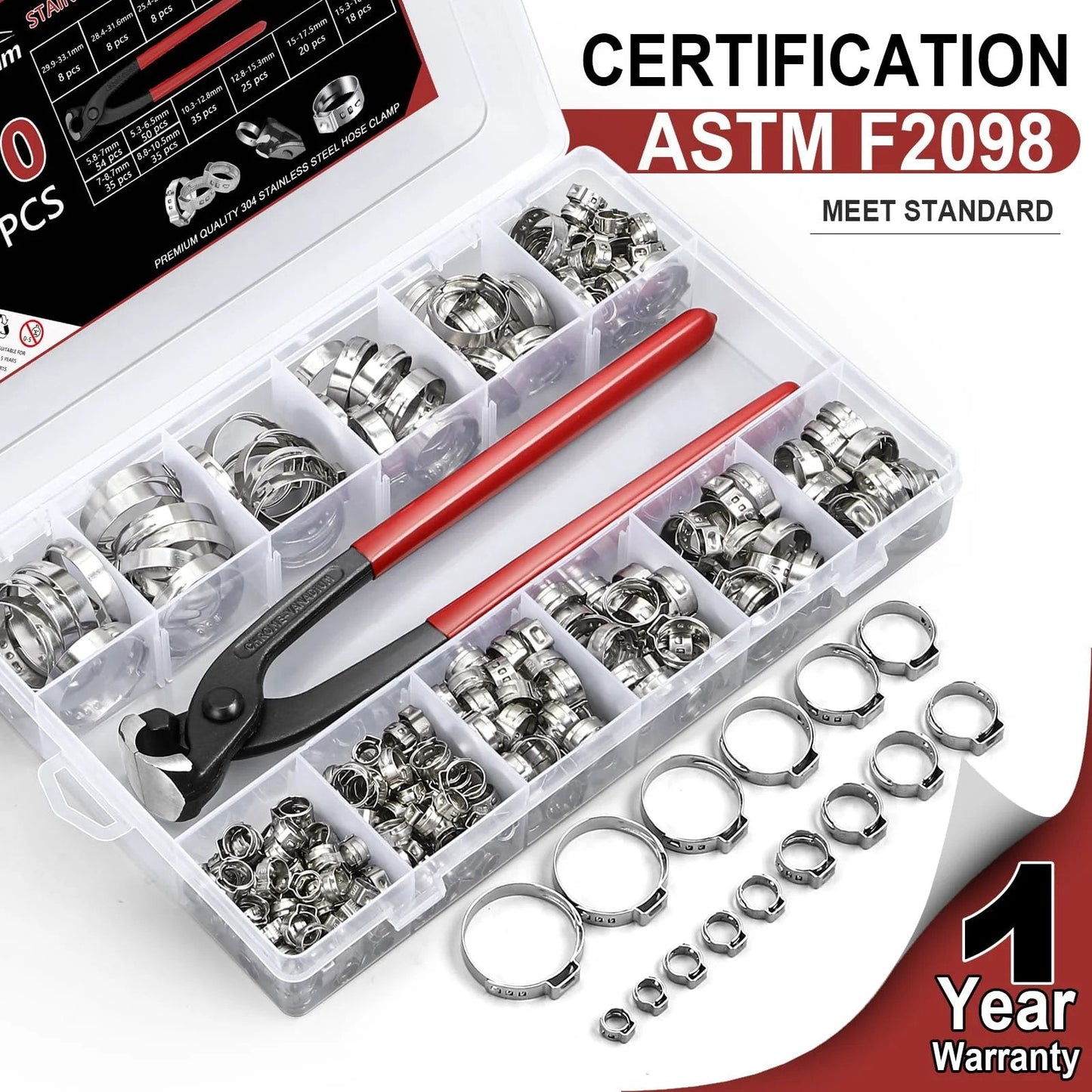 Pro Grade 370 Piece Hose Clamp Set With 15 Sizes From 5.3 To 33.1mm Single Ear No Sharp Edges Crimp Clamps In 304 Stainless Steel Stepless Adjustable Cinch For Auto Plumbing Appliances And Industrial Use In Organized Plastic Case