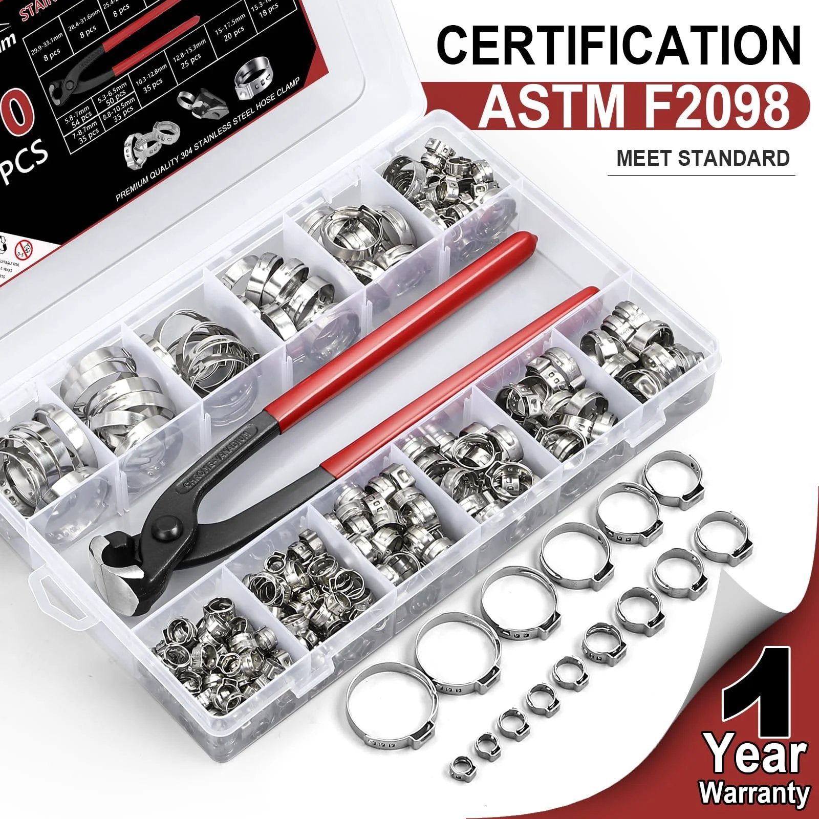 Pro Grade 370 Piece Hose Clamp Set With 15 Sizes From 5.3 To 33.1mm Single Ear No Sharp Edges Crimp Clamps In 304 Stainless Steel Stepless Adjustable Cinch For Auto Plumbing Appliances And Industrial Use In Organized Plastic Case