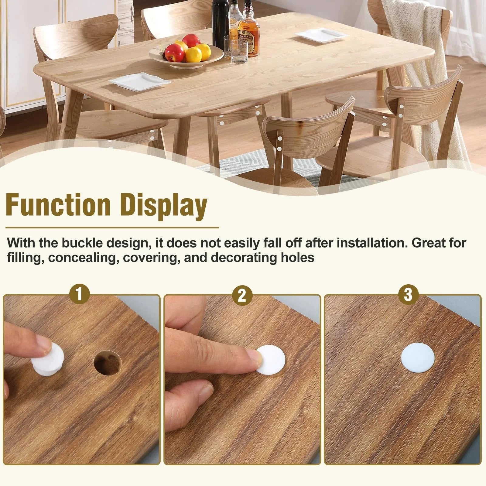 30 Pack 8mm White Plastic Hole Plugs With Snap In Locking End Caps on wood table, showing installation steps.