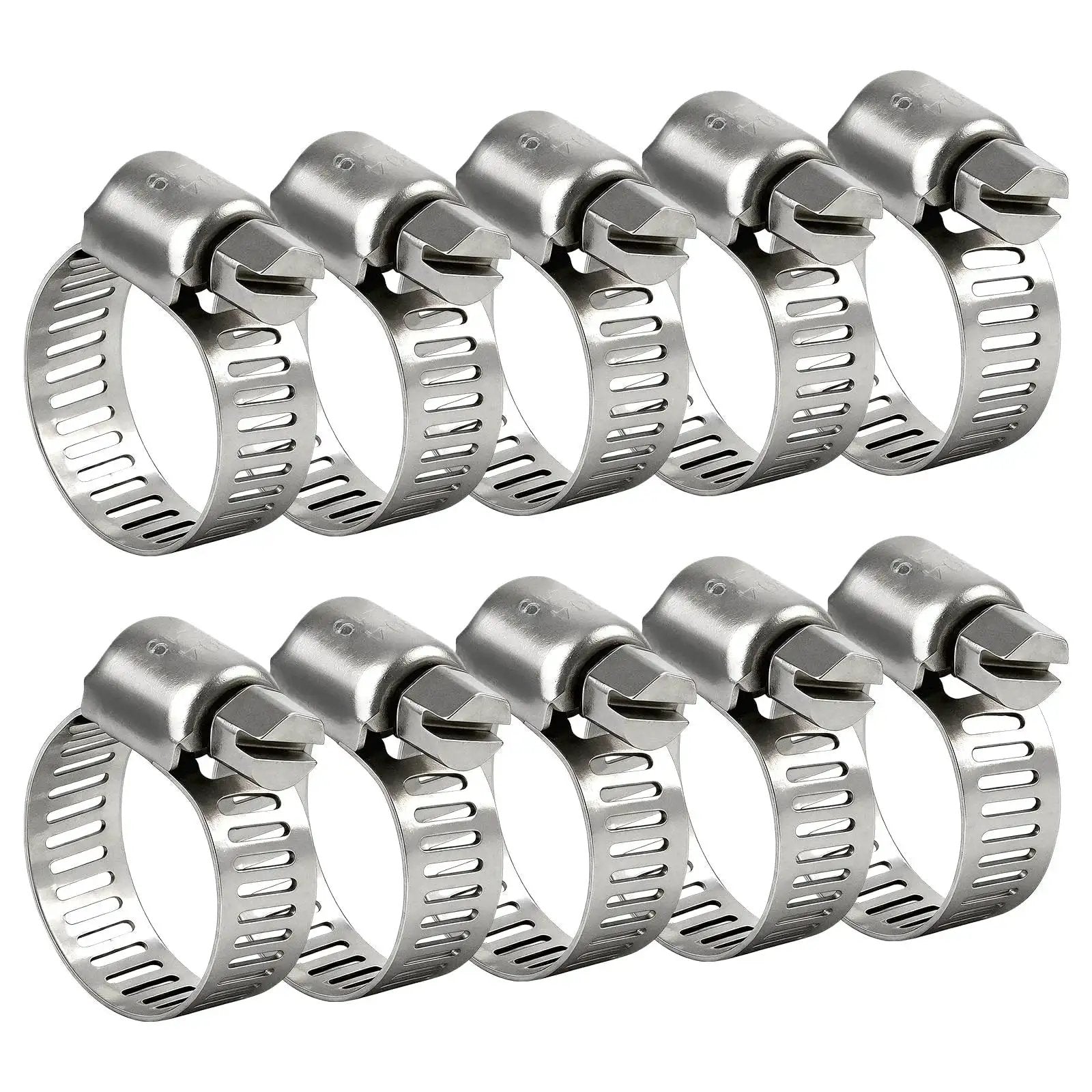 Hose Clamps 10 Pack Stainless Steel Adjustable Worm Gear Clamps 1/2 To 3/4 Inch for car and DIY repairs, front view