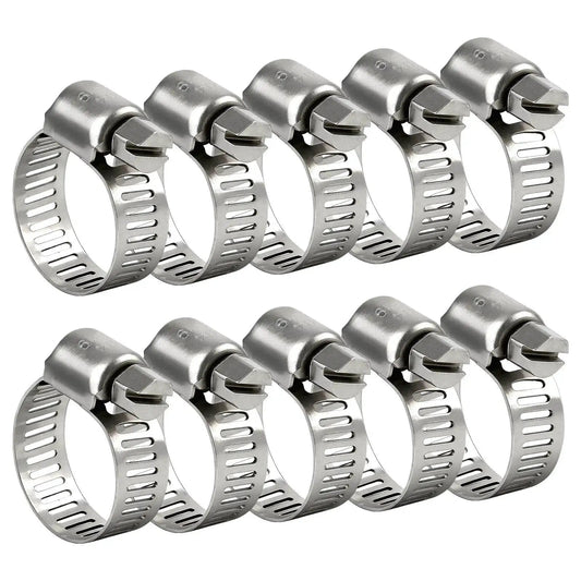 Hose Clamps 10 Pack Stainless Steel Adjustable Worm Gear Clamps 1/2 To 3/4 Inch for car and DIY repairs, front view