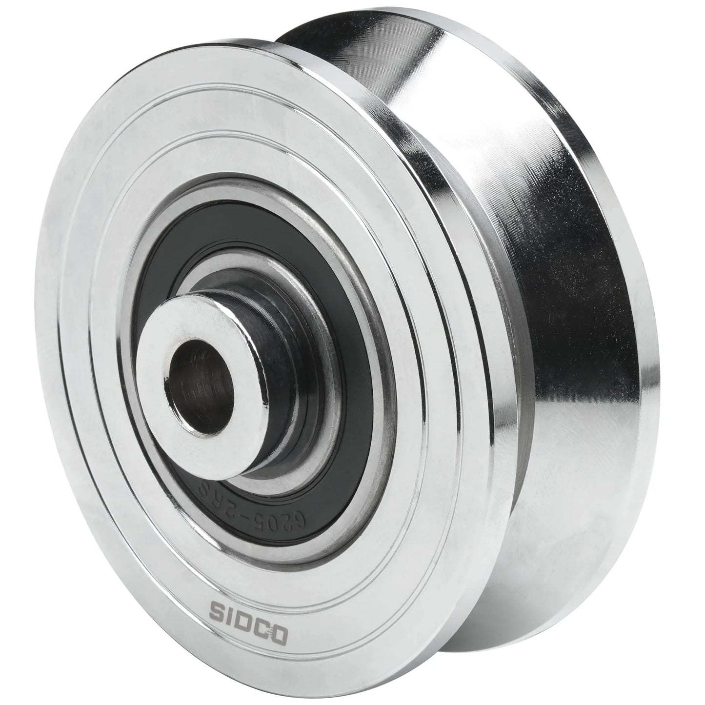 3.5 Inch V Groove Wheel With Solid Steel Construction, Heavy Duty Inverted V Groove For Sliding Gates, 1500 Lb Load Capacity, 1/2 Inch Bore, 7/8 Inch Groove Opening, Chrome Plated Wheel With Sealed Ball Bearings
