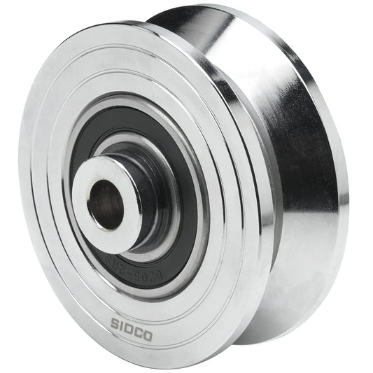 3.5 Inch V Groove Wheel With Solid Steel Construction, Heavy Duty Inverted V Groove For Sliding Gates, 1500 Lb Load Capacity, 1/2 Inch Bore, 7/8 Inch Groove Opening, Chrome Plated Wheel With Sealed Ball Bearings