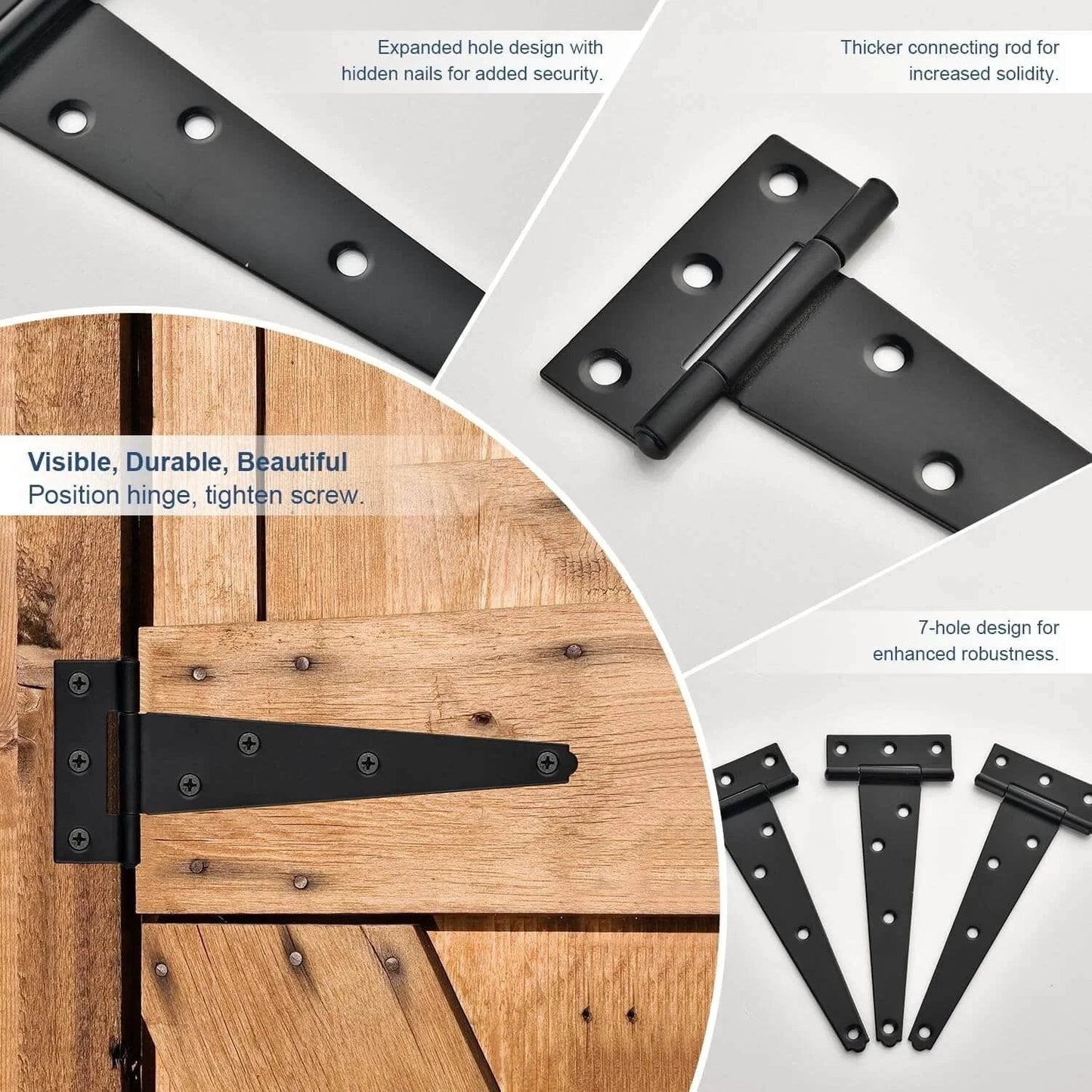 Collage of Six Pack 3 Inch Black T Strap Shed Door Hinges For Wood Barn Doors Gates Fences Storage Sheds, showing design and installation.