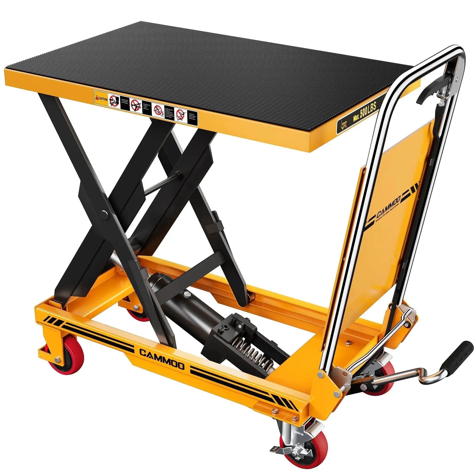 Foldable Hydraulic Lift Table Cart 500lb Capacity With Non Slip Pad 28.5 Inches, side view showing yellow body and black table pad.