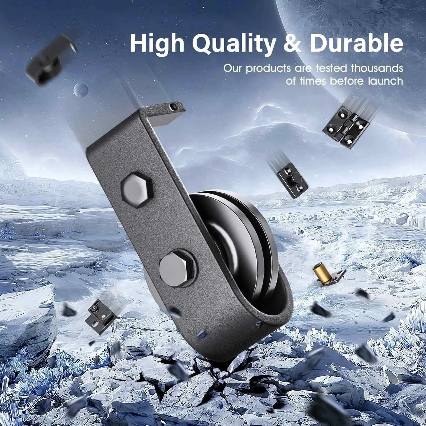High-quality black roller for 52 inch Bifold Barn Door Hardware Track Kit, showcasing durability and smooth operation in icy landscape background.