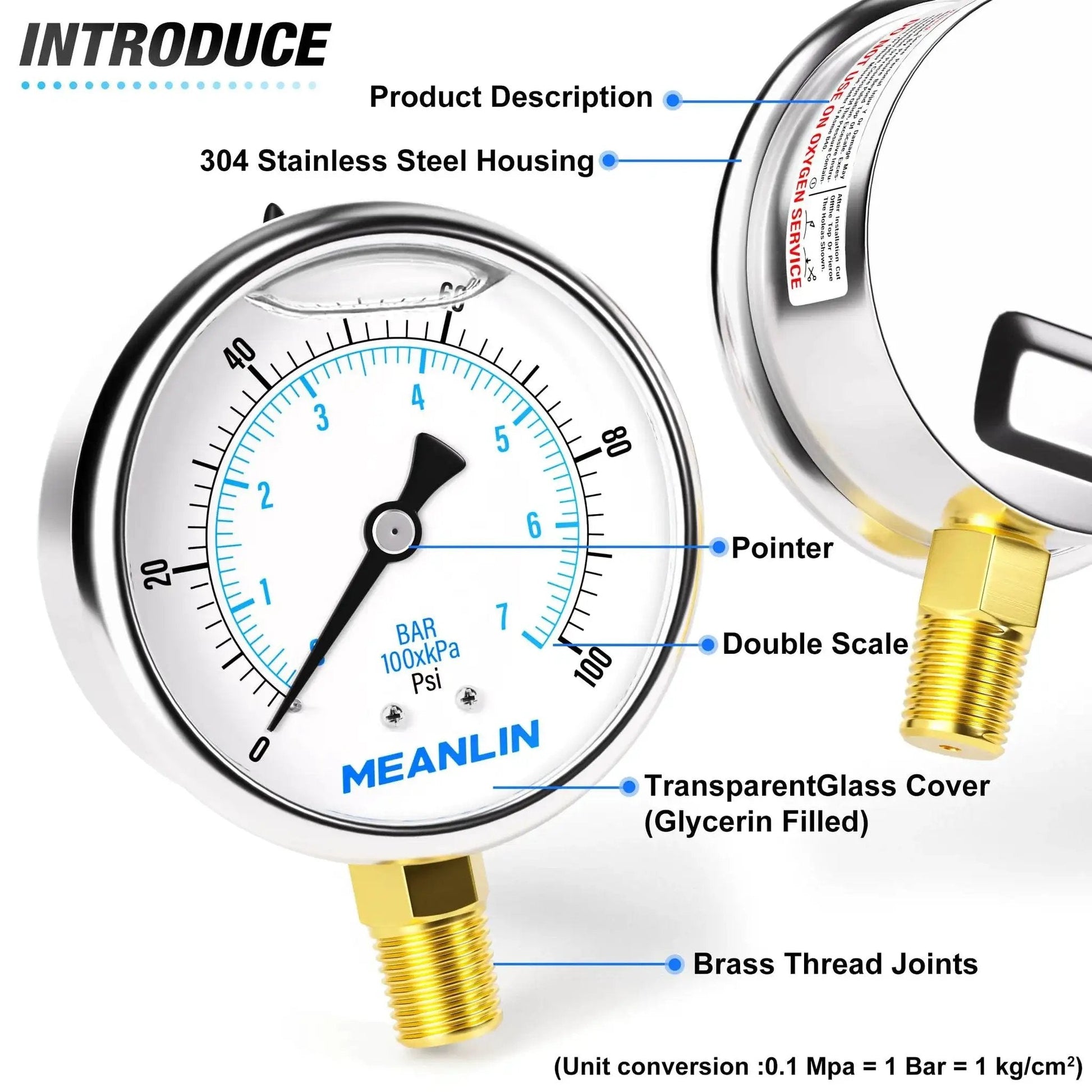 Front and side view of Stainless Steel Liquid Filled Pressure Gauge With 2.5 Inch Dial Face, 0 To 100 Psi And 0 To 0.7 MPa, Lower Mount, 1/4 Inch NPT Connection, WOG Water Oil Air, Ideal For Hydraulics Pneumatics And Industrial Fluid Systems Meanlin