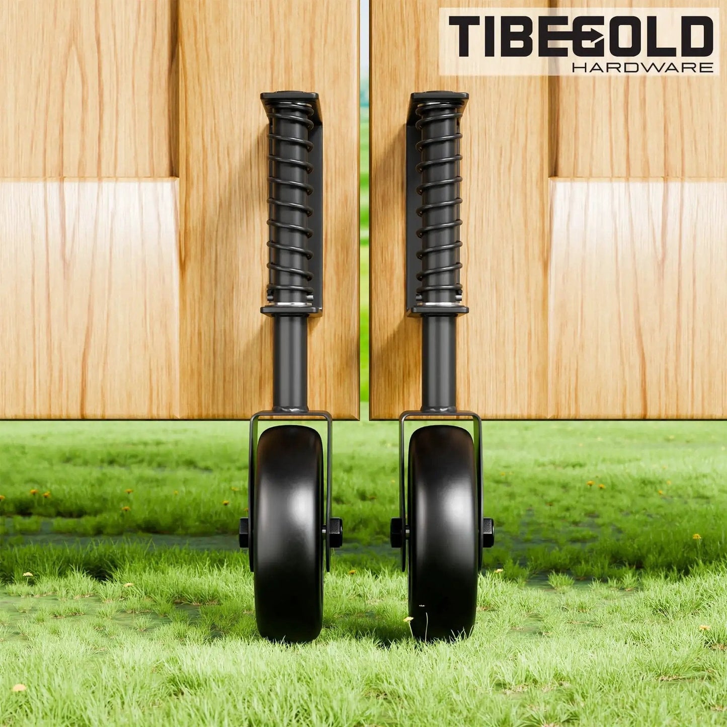Heavy Duty 4.3 Inch Gate Wheel Casters for Outdoor Wooden Gates and Fences, Spring Loaded Gate Caster with Bearing, shown installed on wooden gate.