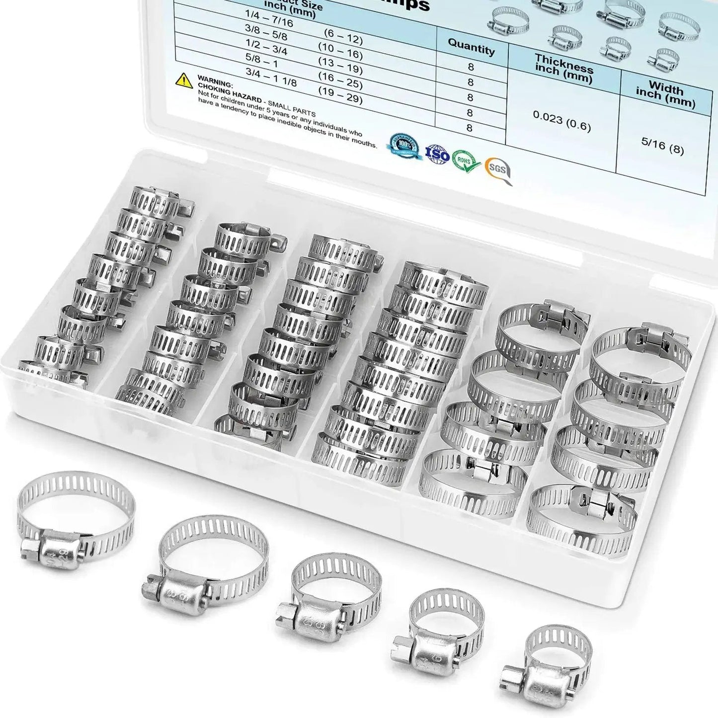 Ridiculously Durable Stainless Hose Clamp Set 40 Pieces Fits One Quarter To One And One Eighth Inch 304 Stainless Steel Worm Gear Clamps in box