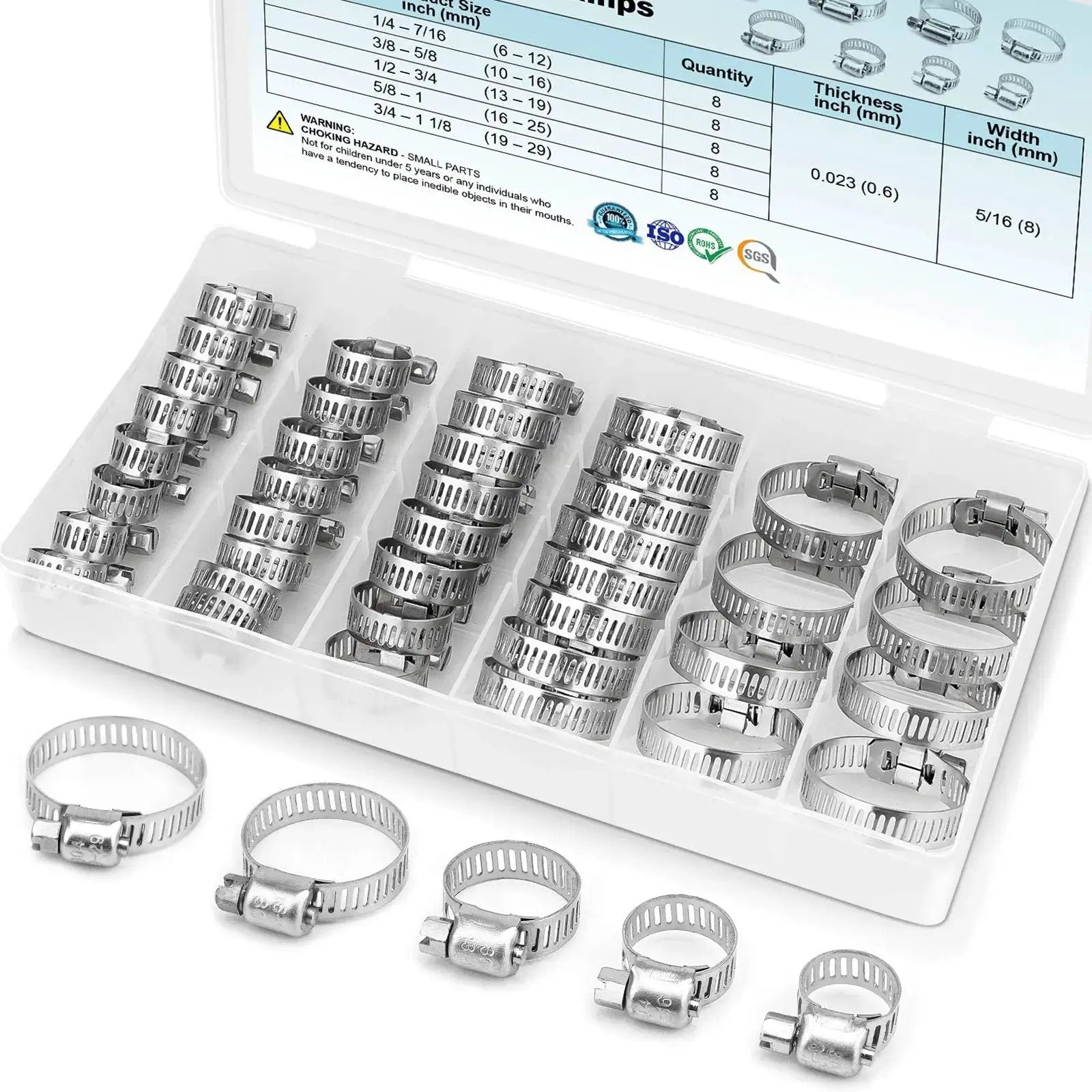 Ridiculously Durable Stainless Hose Clamp Set 40 Pieces Fits One Quarter To One And One Eighth Inch 304 Stainless Steel Worm Gear Clamps in box