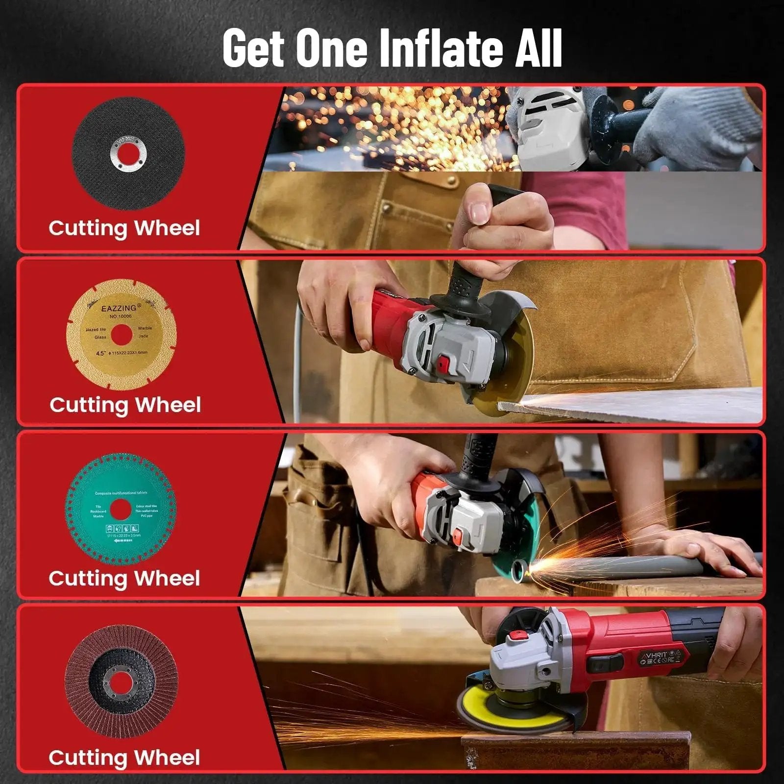 Powerful Four And A Half Inch Angle Grinder With Ten Amp Motor Delivers Up To One Thousand Two Hundred Watts And Thirteen Thousand RPM For Cutting Metal Grinding Concrete And Polishing Surfaces In DIY And Professional Projects displaying different cutting and grinding wheel options