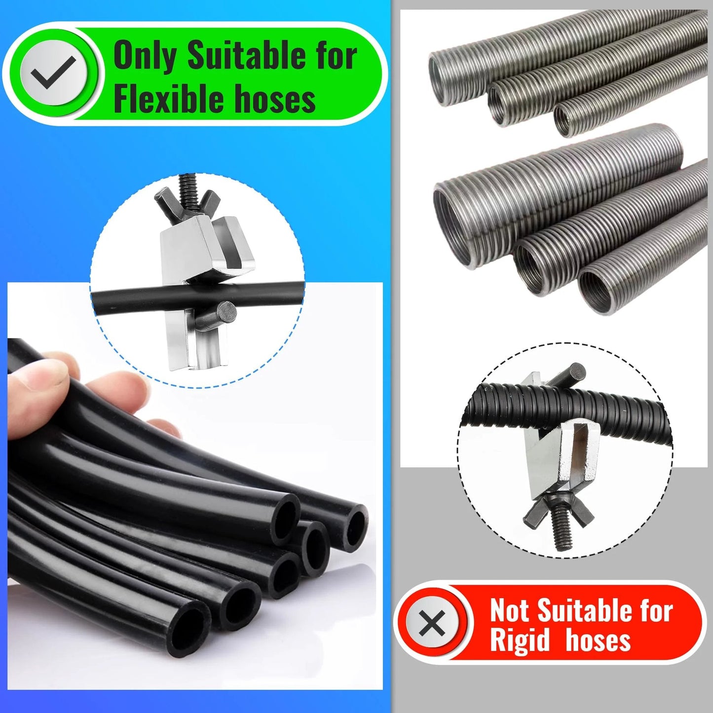 Brake Line Clamp Kit Two Pack Hose Pinch Pliers, suitable for flexible hoses, not for rigid hoses, visual guide.